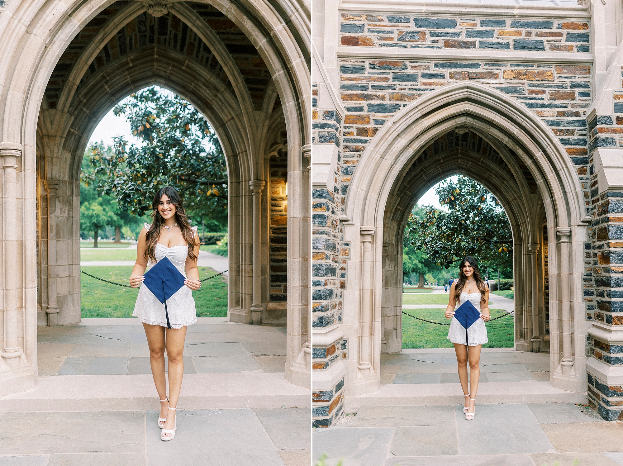 girl poses under arches at Duke University with blue graduation cap