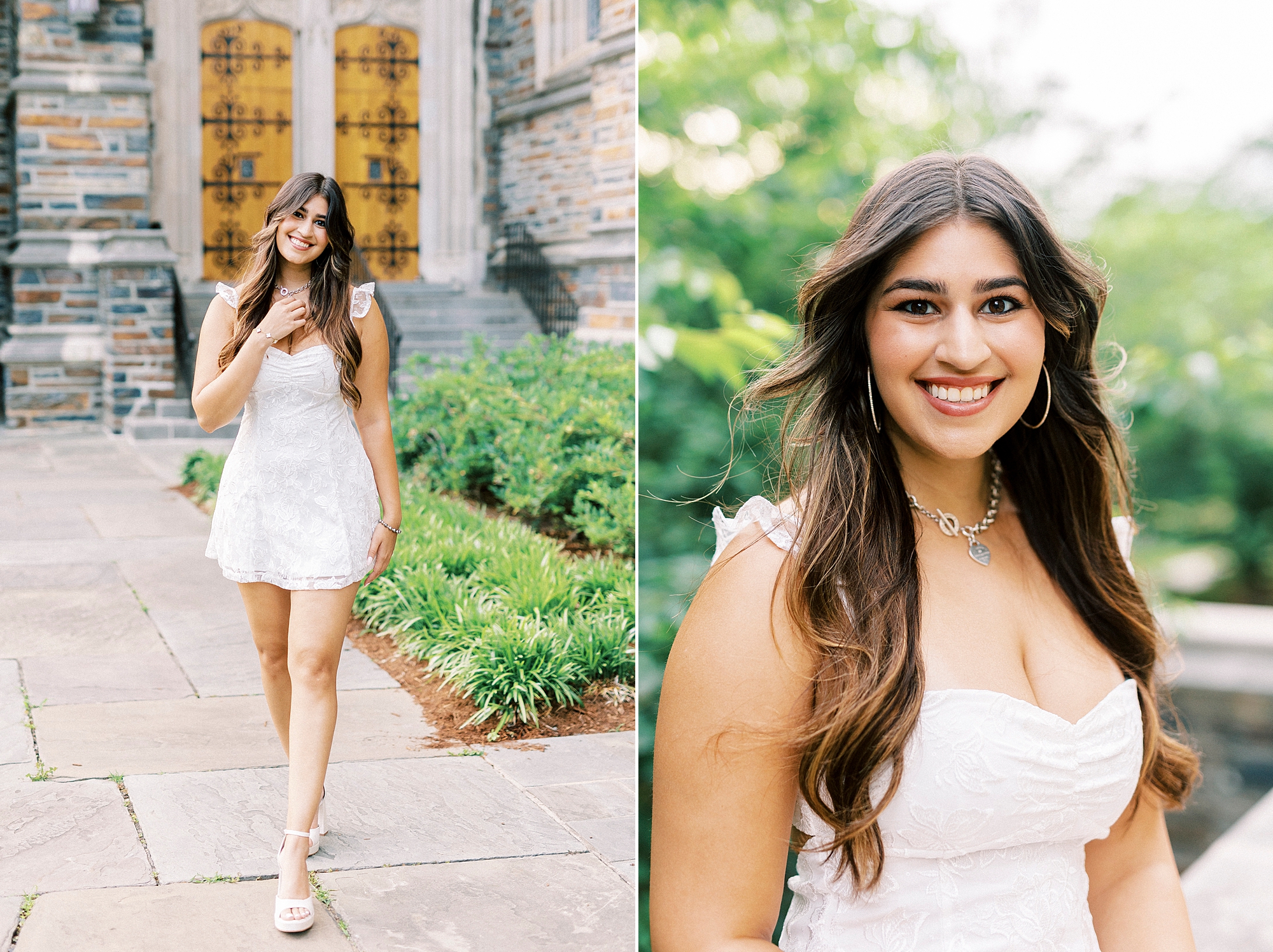 college senior poses walking outside Duke Chapel
