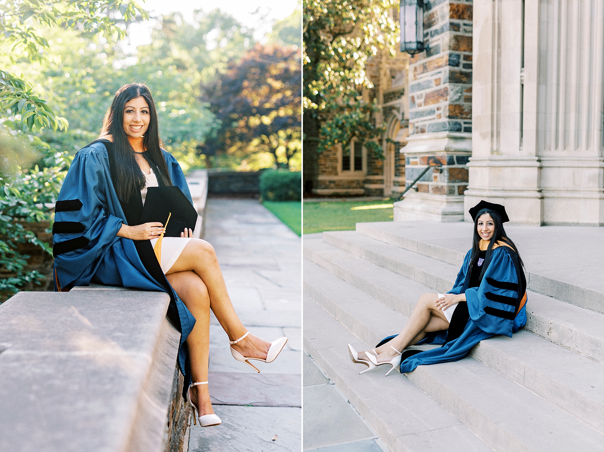 graduation photos for woman sitting on stone steps at Duke University