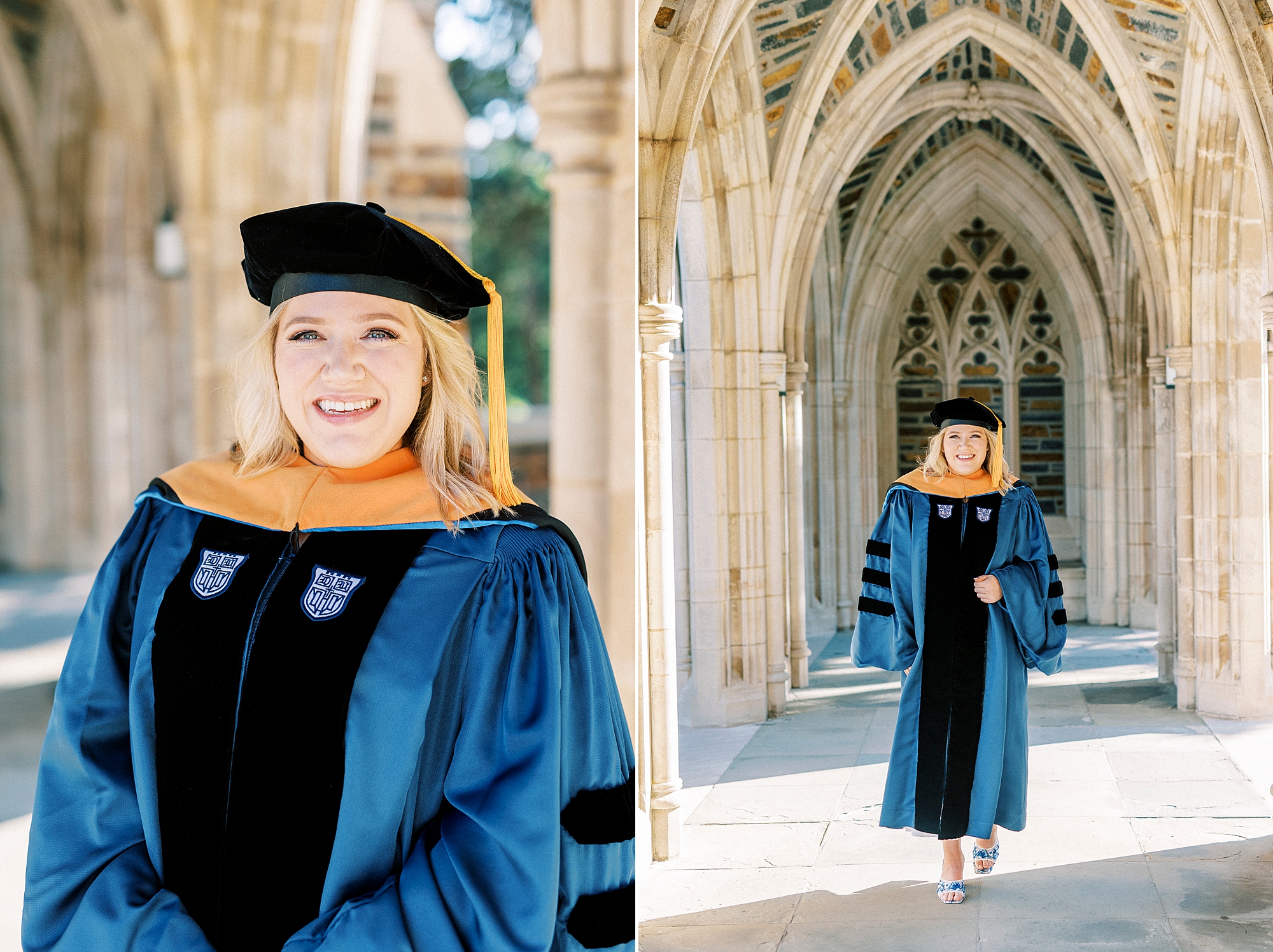 woman poses in hallway of Duke Chapel during graduation portraits at Duke University
