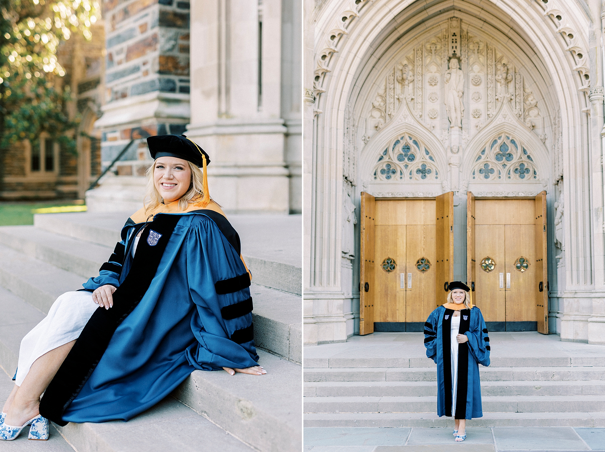 blonde woman sits on steps of Duke Chapel during graduation portraits at Duke University