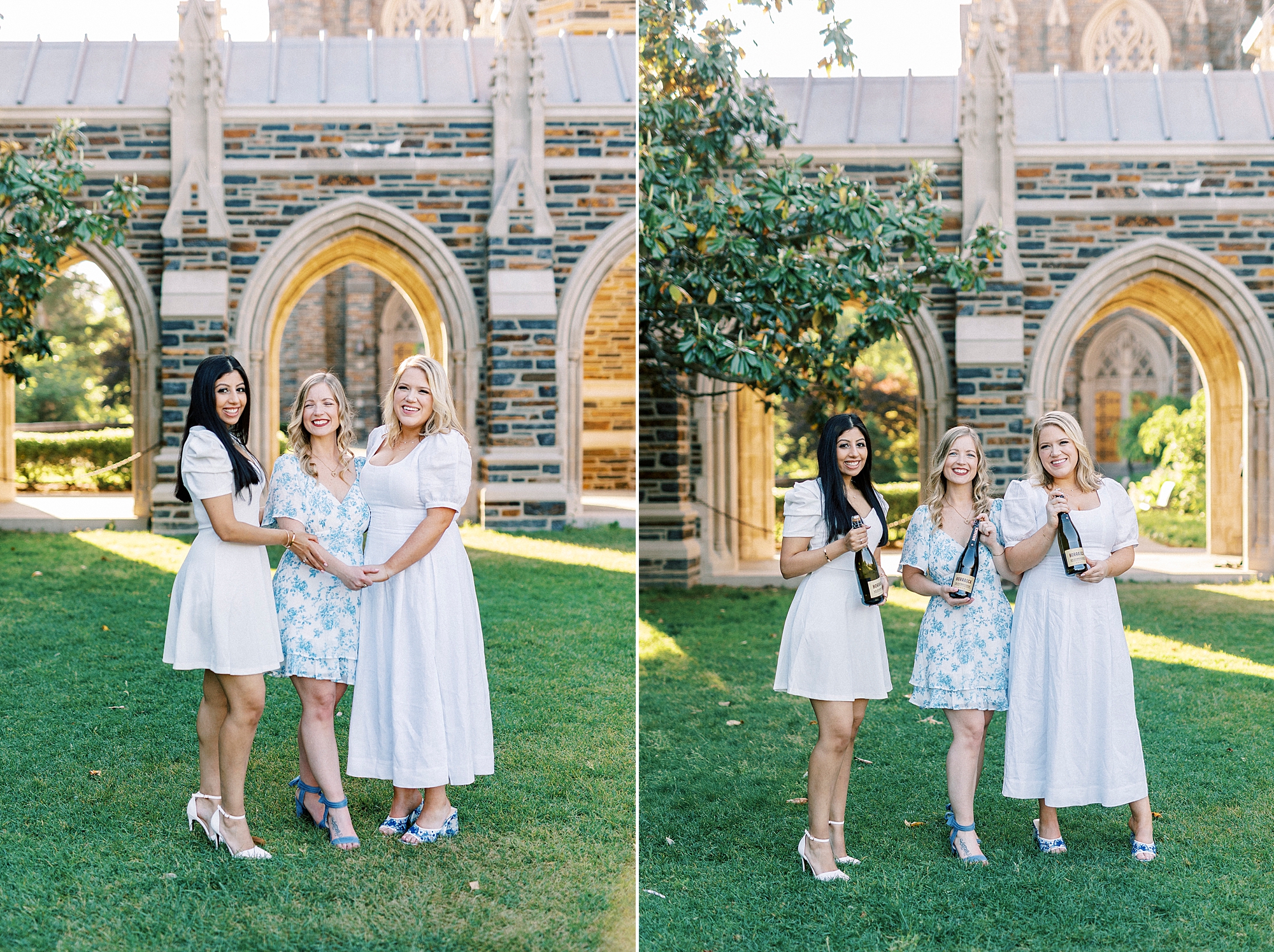 woman hug and pop champagne during graduation portraits at Duke University