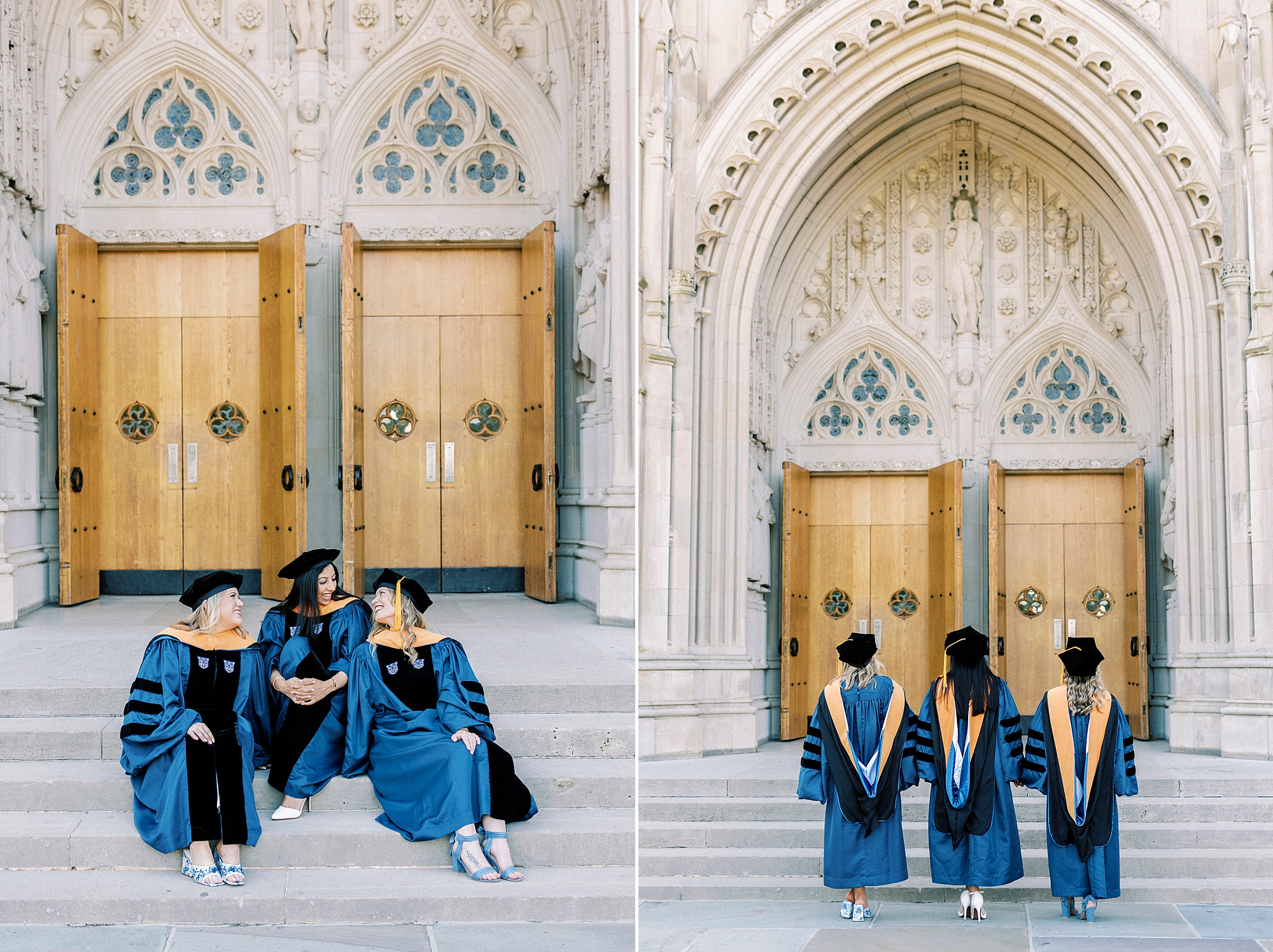 three women sit on stone steps of Duke Chapel during graduation portraits 