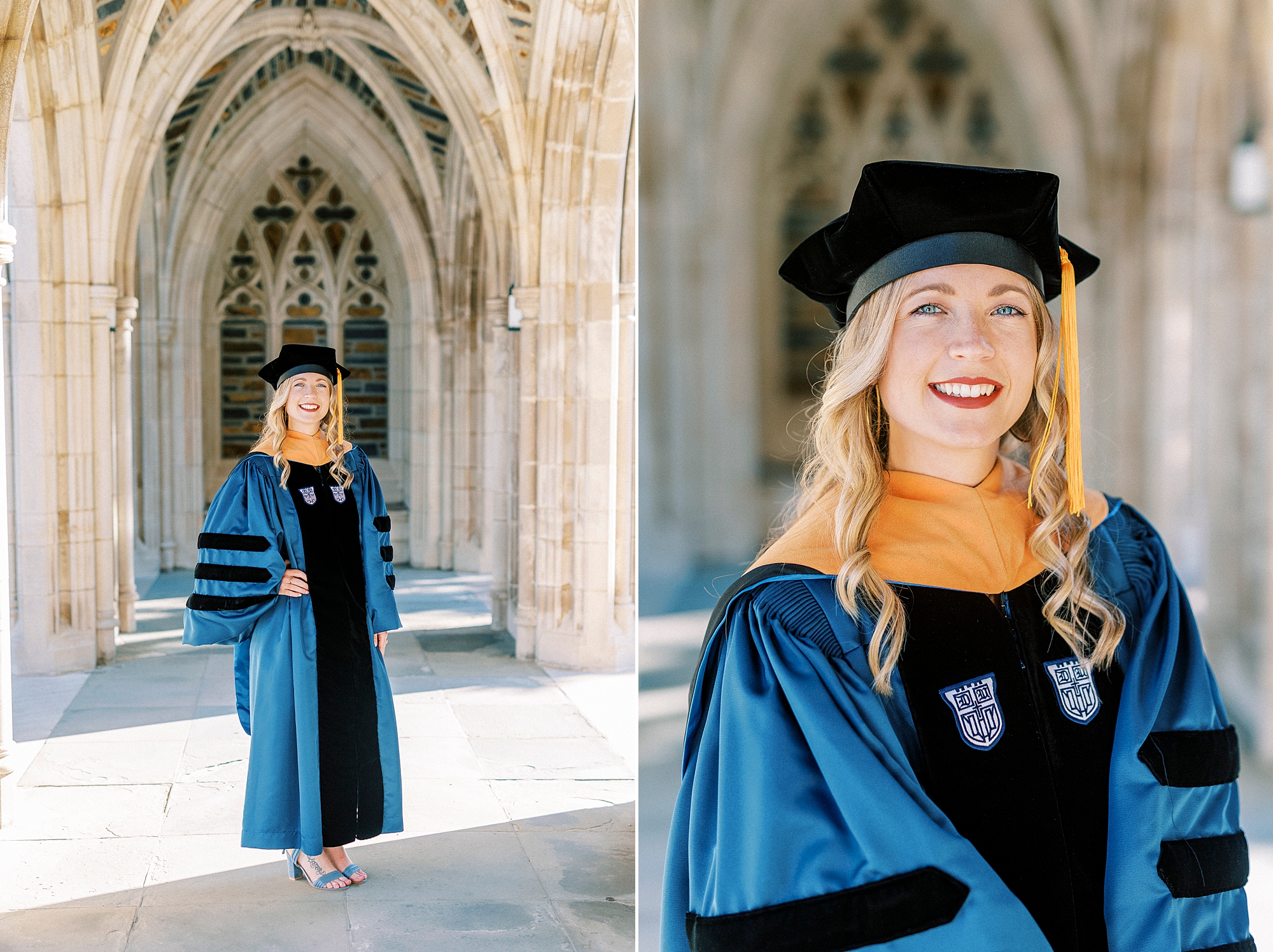 woman poses in cap and gown during graduation portraits at Duke University
