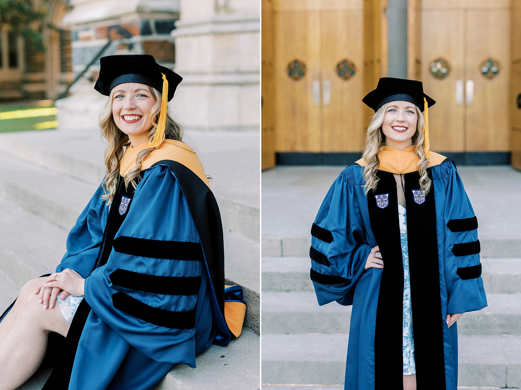 graduating woman stand son steps during graduation portraits at Duke University