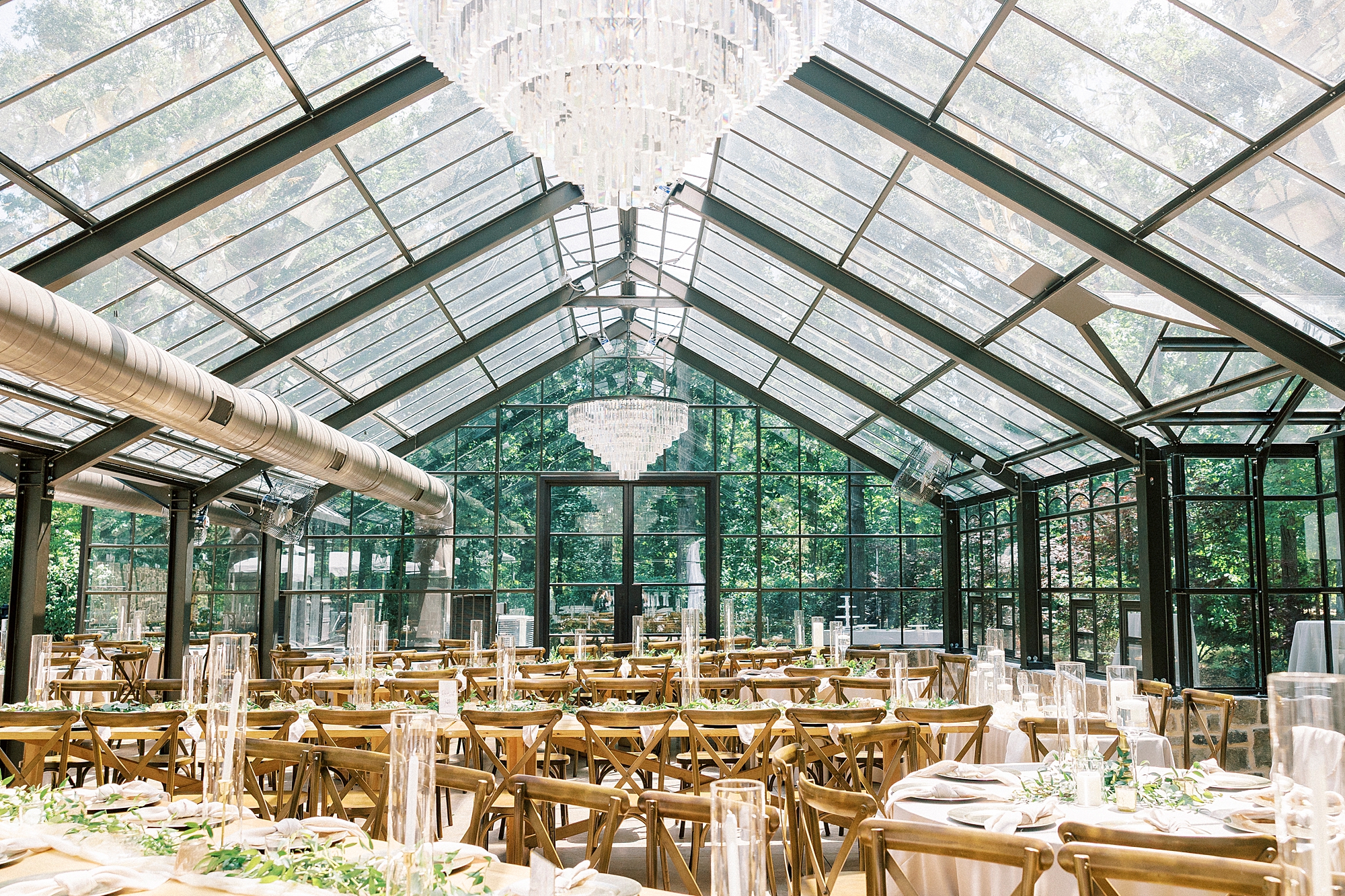wedding reception in glass house at Morning Glory Farm