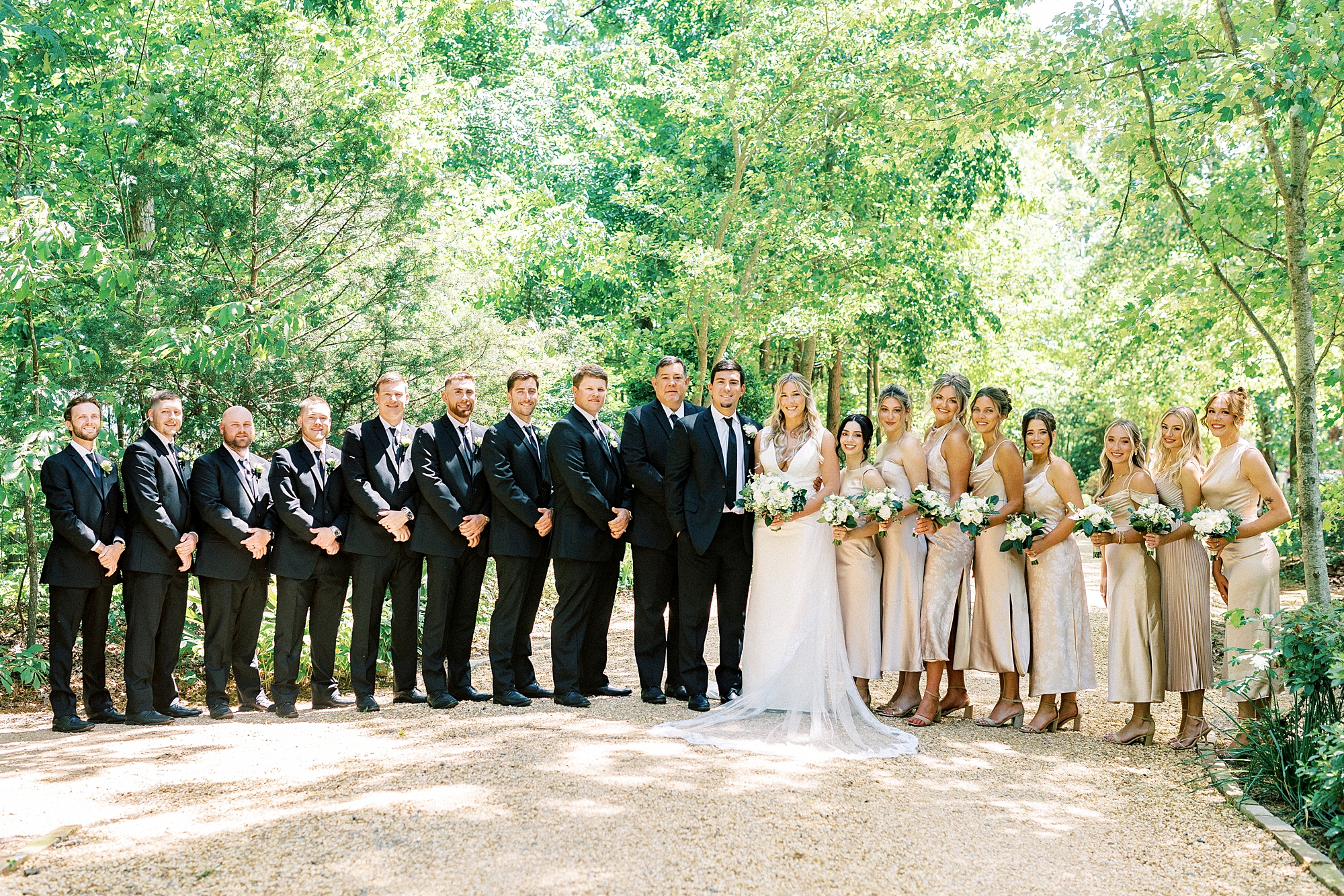 bride and groom stand with wedding party in black suits and champagne gowns