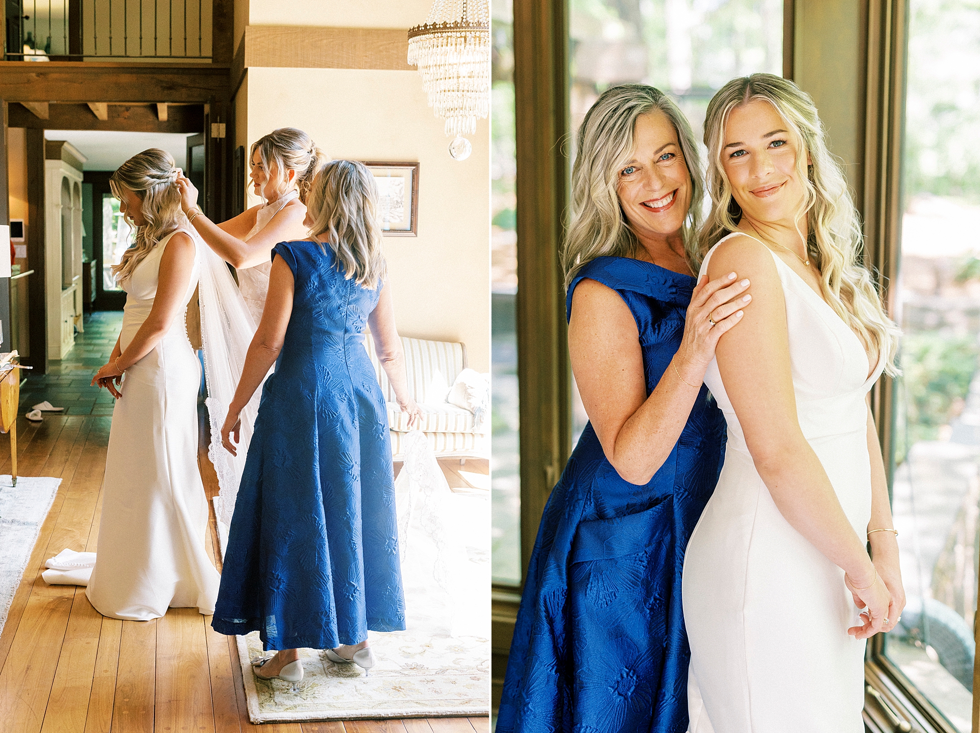mother in dark blue dress hugs bride from behind during wedding prep