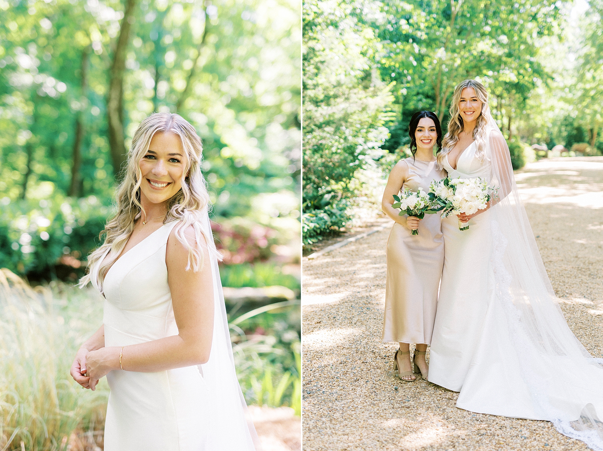 bride poses with bridesmaids in champagne gown in garden of Morning Glory Farm