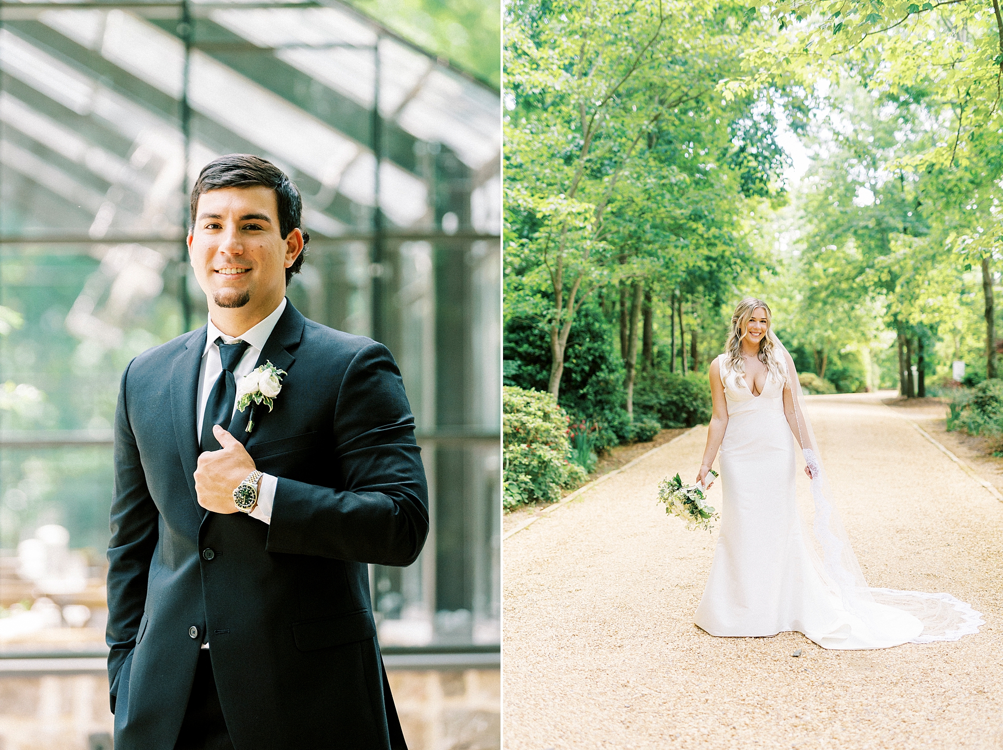 bride and groom stand outside glass house at Morning Glory Farm