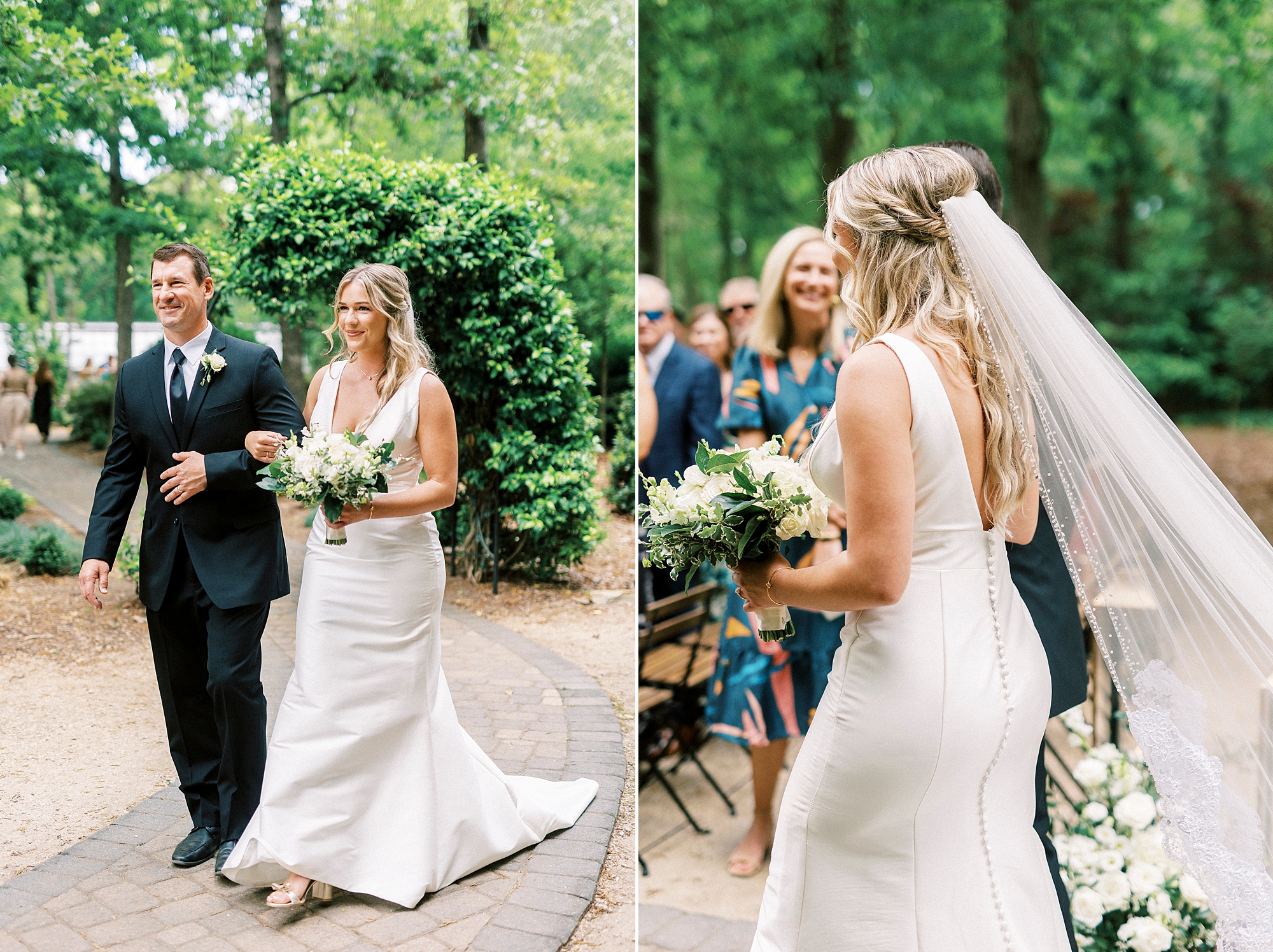 bride and father walk up aisle at Morning Glory Farm