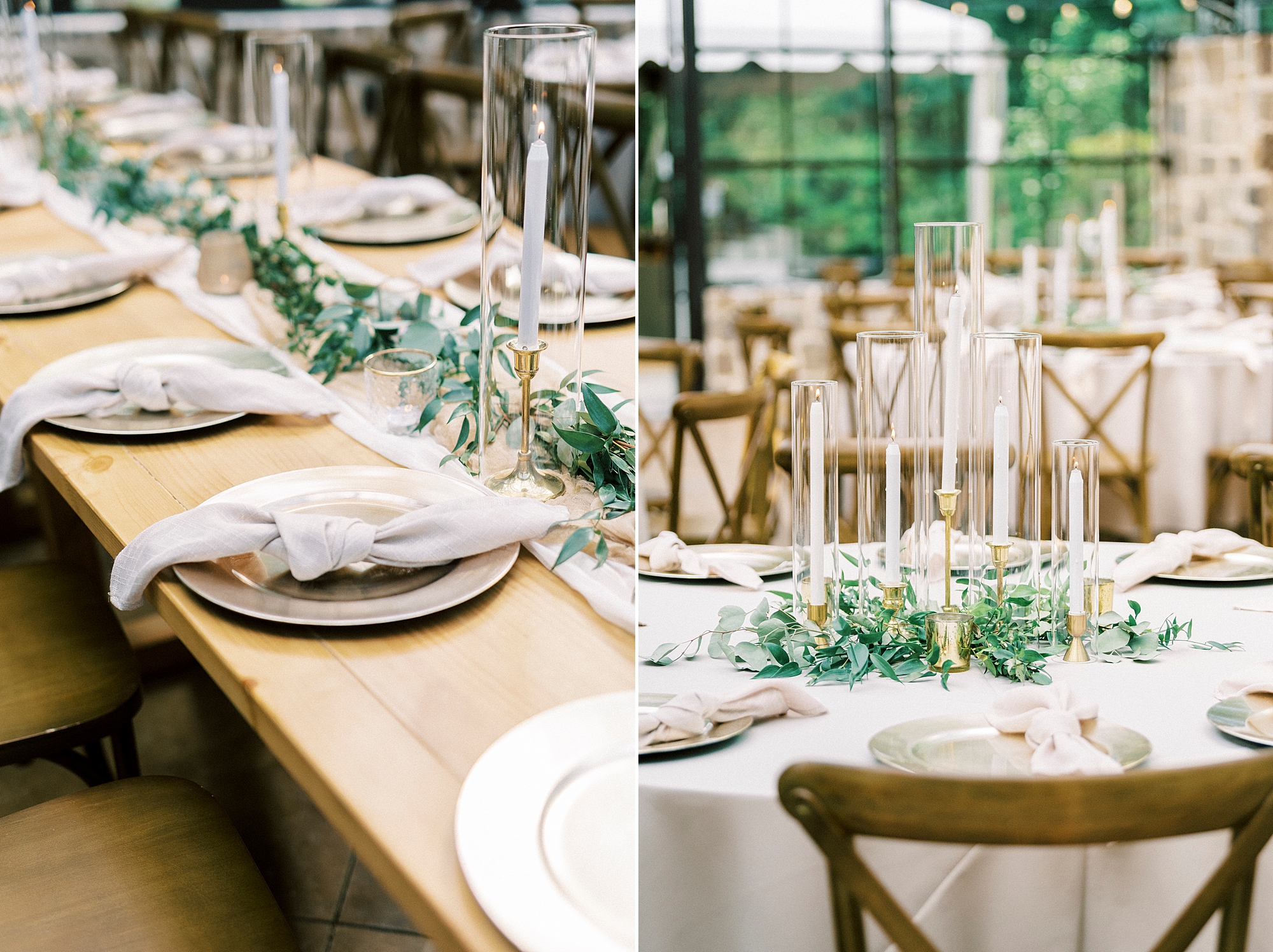 wedding reception in glass house with wooden tables, greenery, and white taper candles