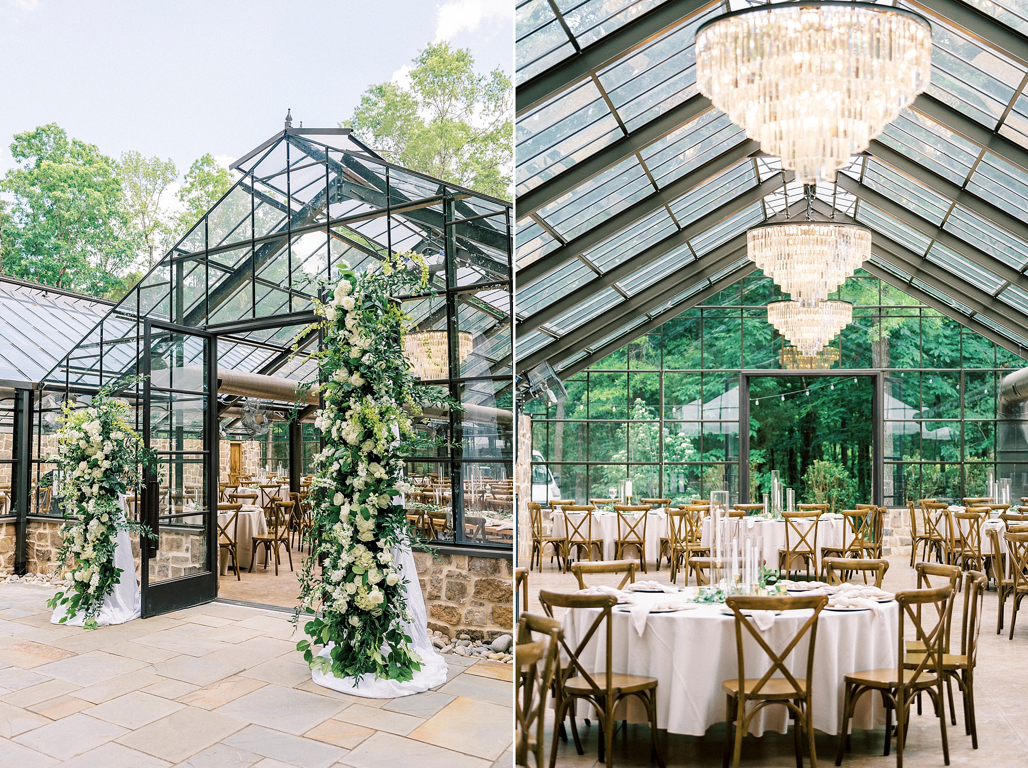 wedding reception in glass house at Morning Glory Farm