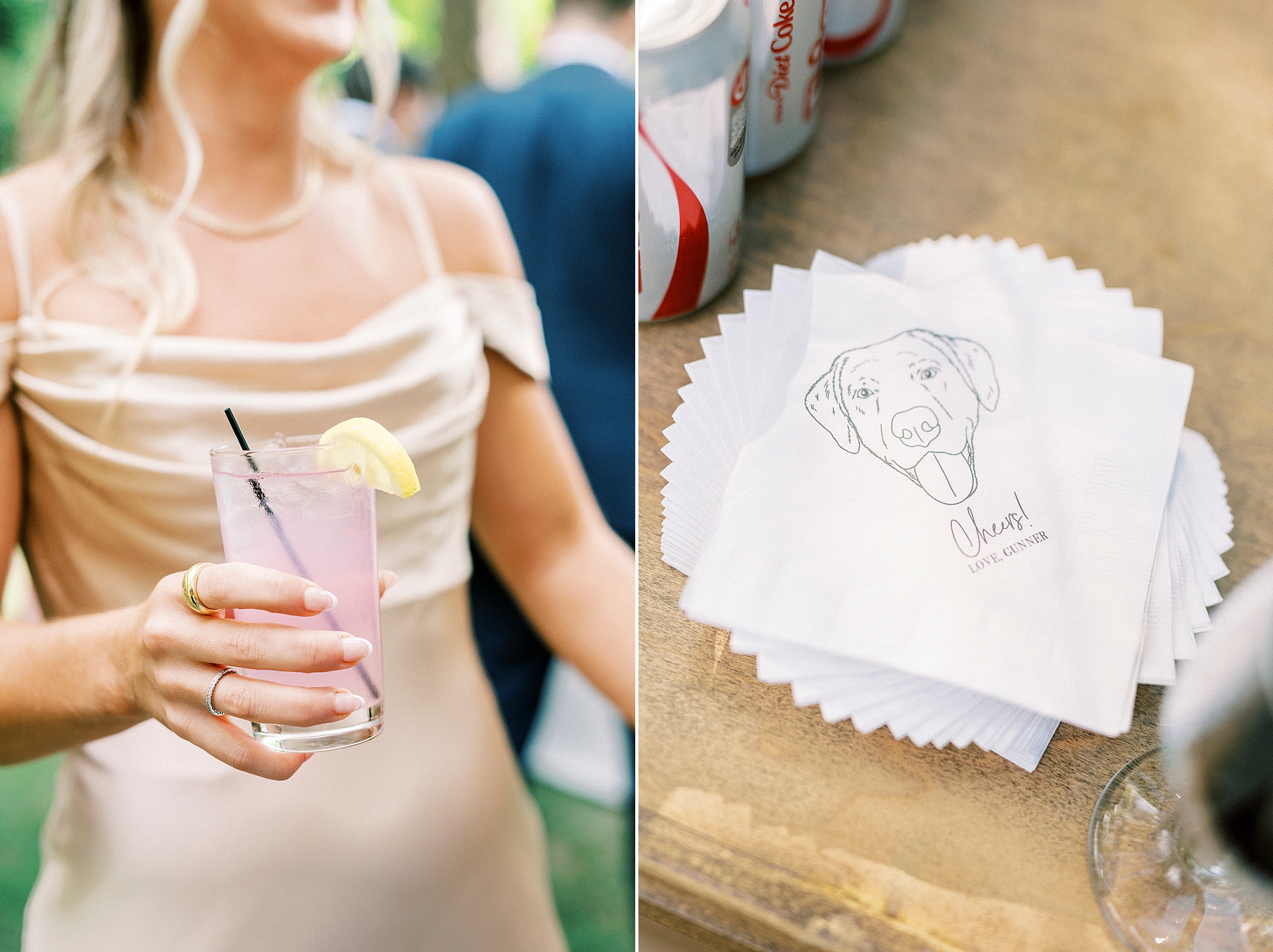 wedding guest holds cocktail with custom napkin for cocktail hour at Morning Glory Farm