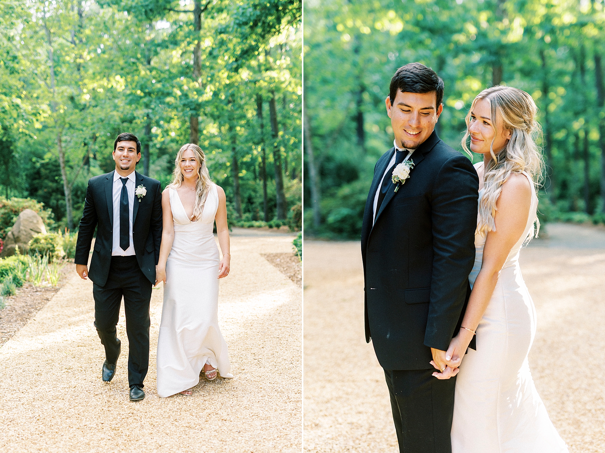 bride and groom hold hands walking down dirt path at Morning Glory Farm