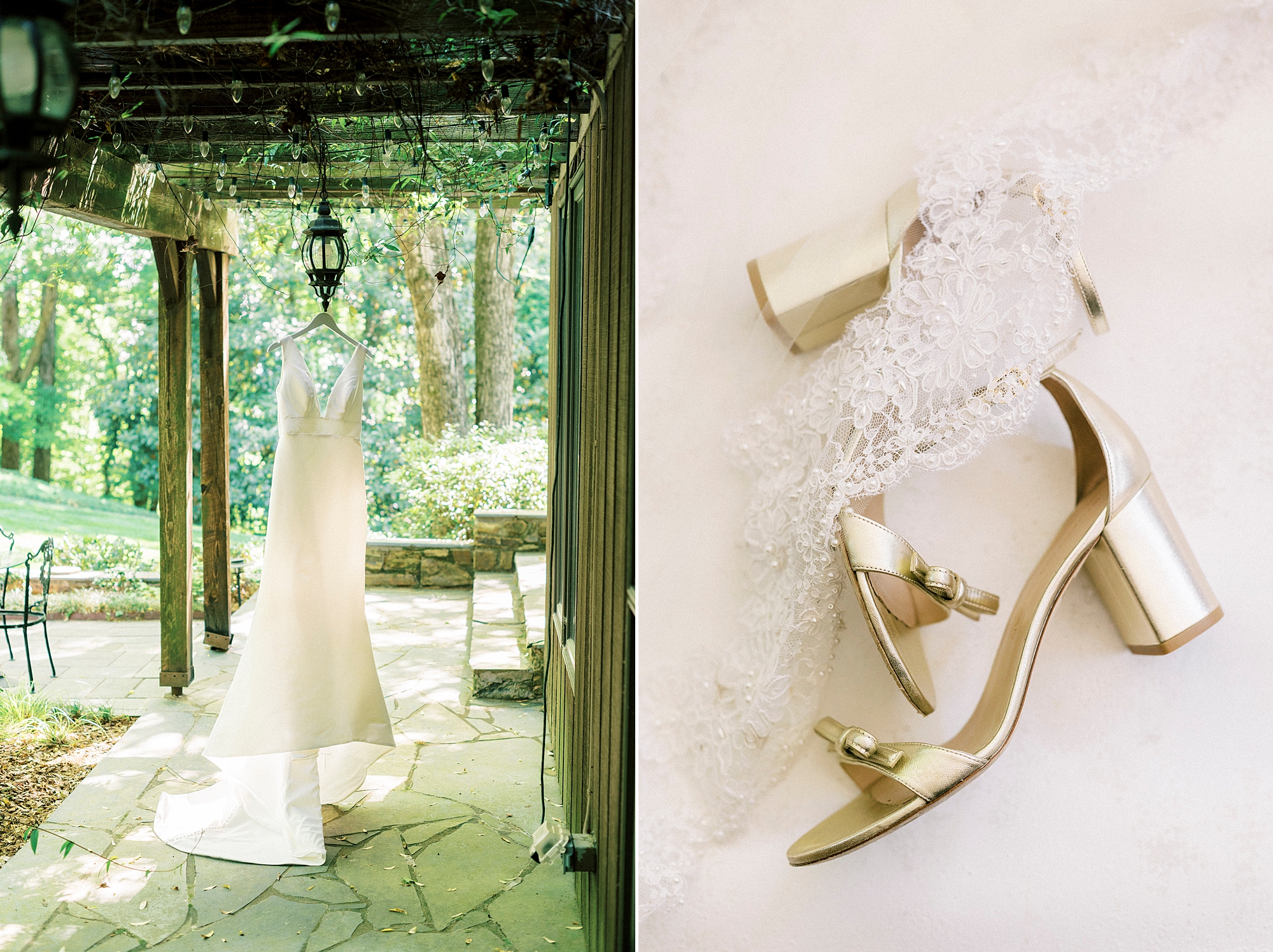 bride's shoes and dress hang at home in NC