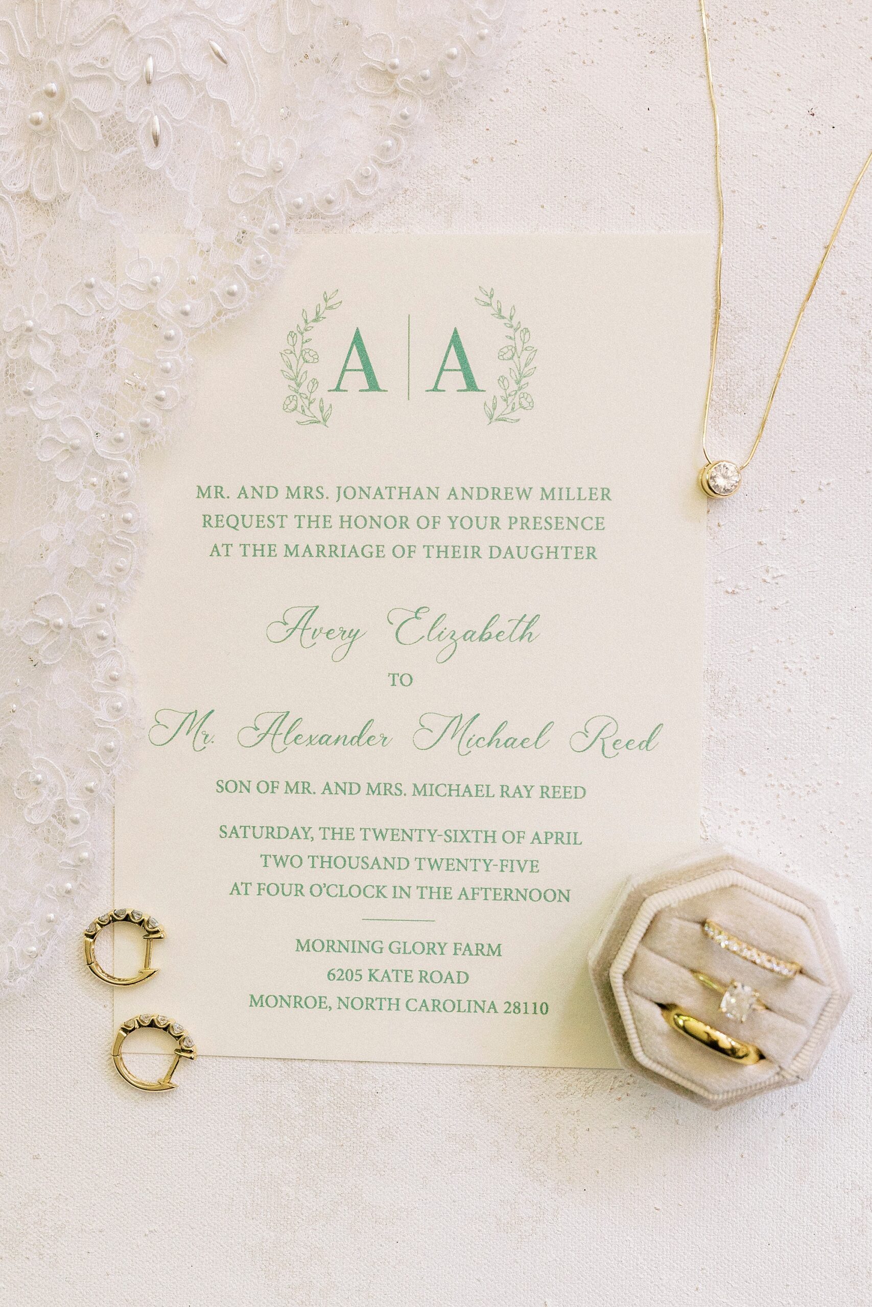 green and white invitation for spring wedding at Morning Glory Farm