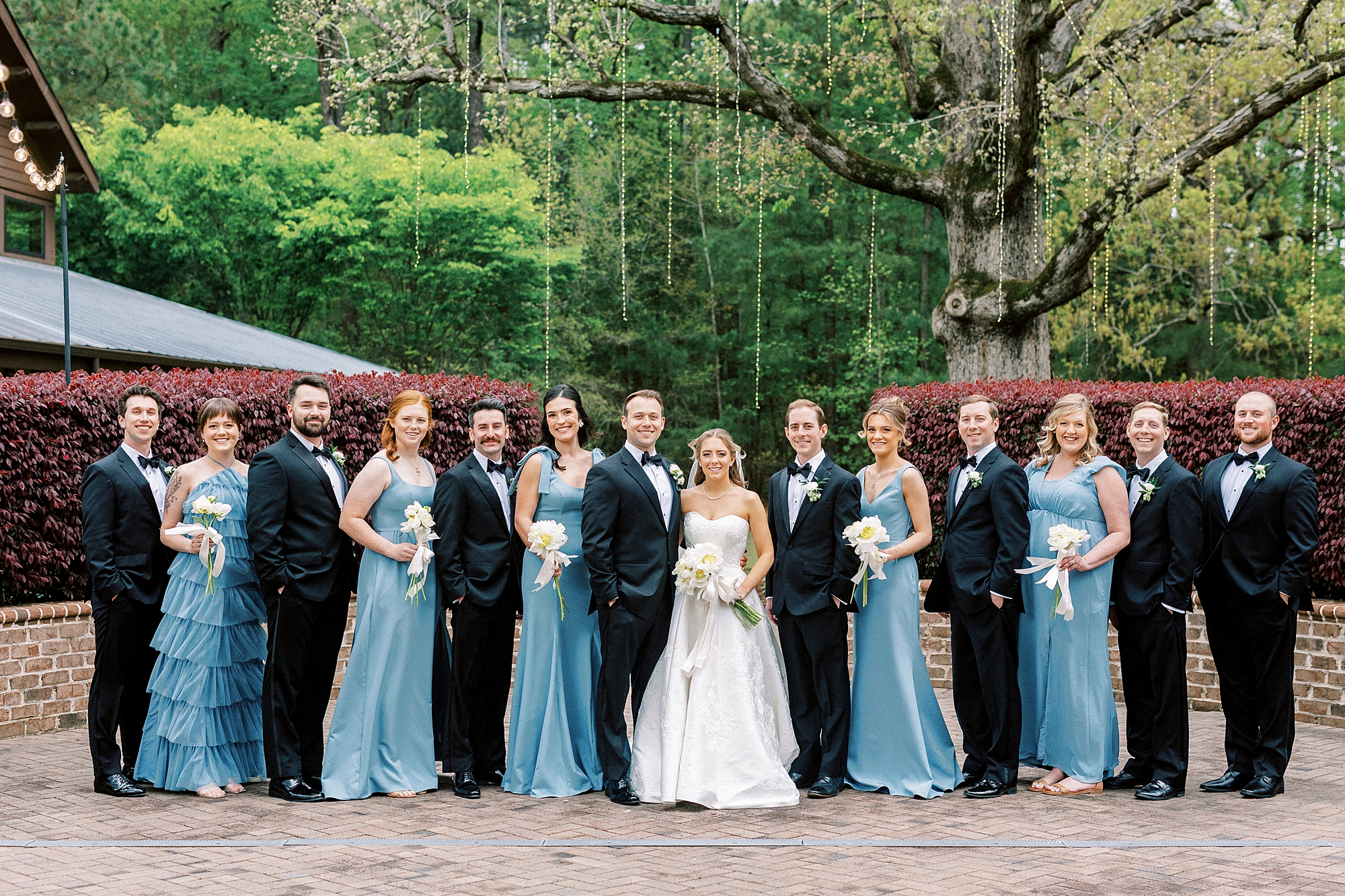 bride and groom stand in line with bridesmaids and groomsmen 