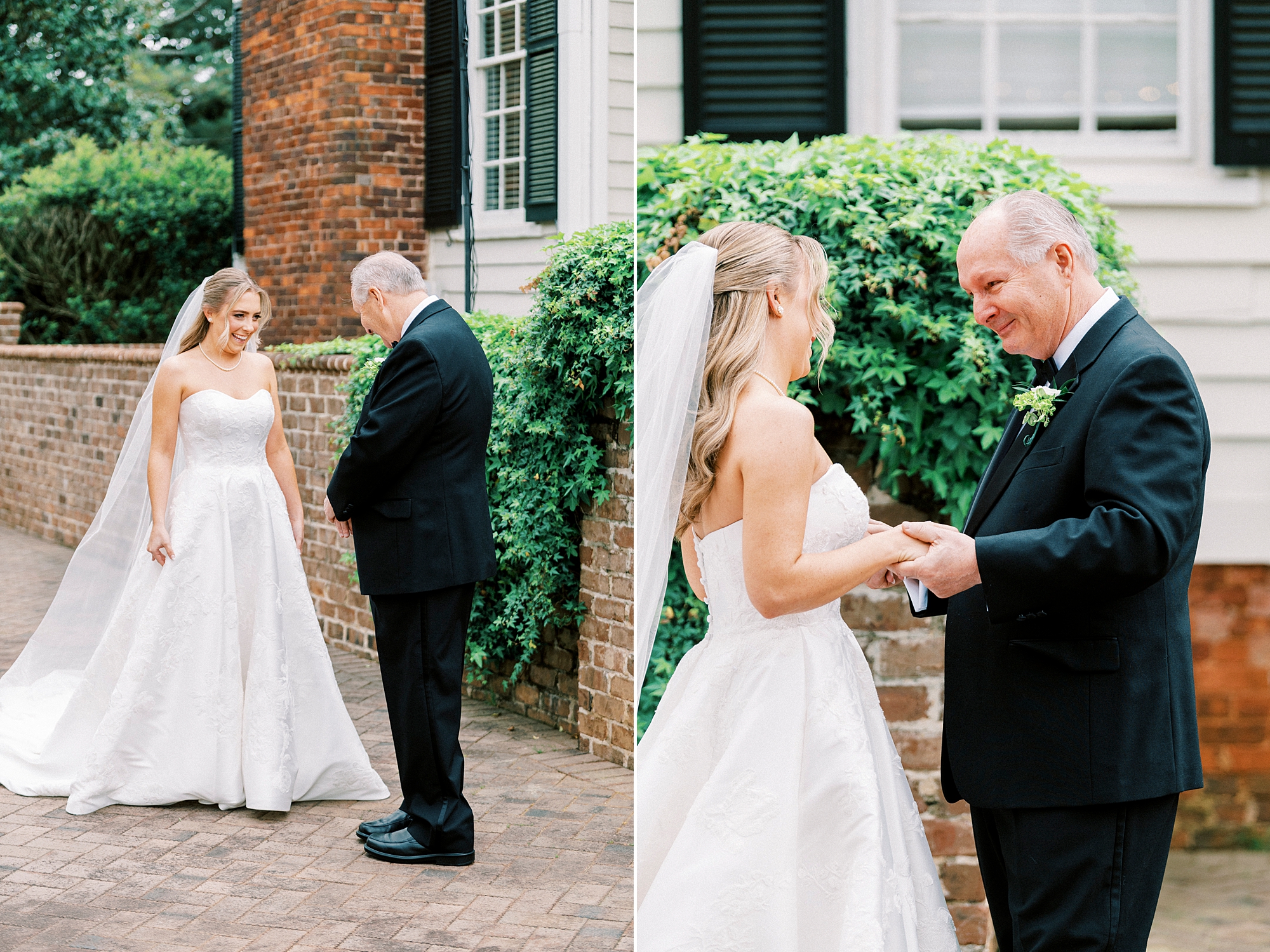 bride and father talk during first look outside the Sutherland