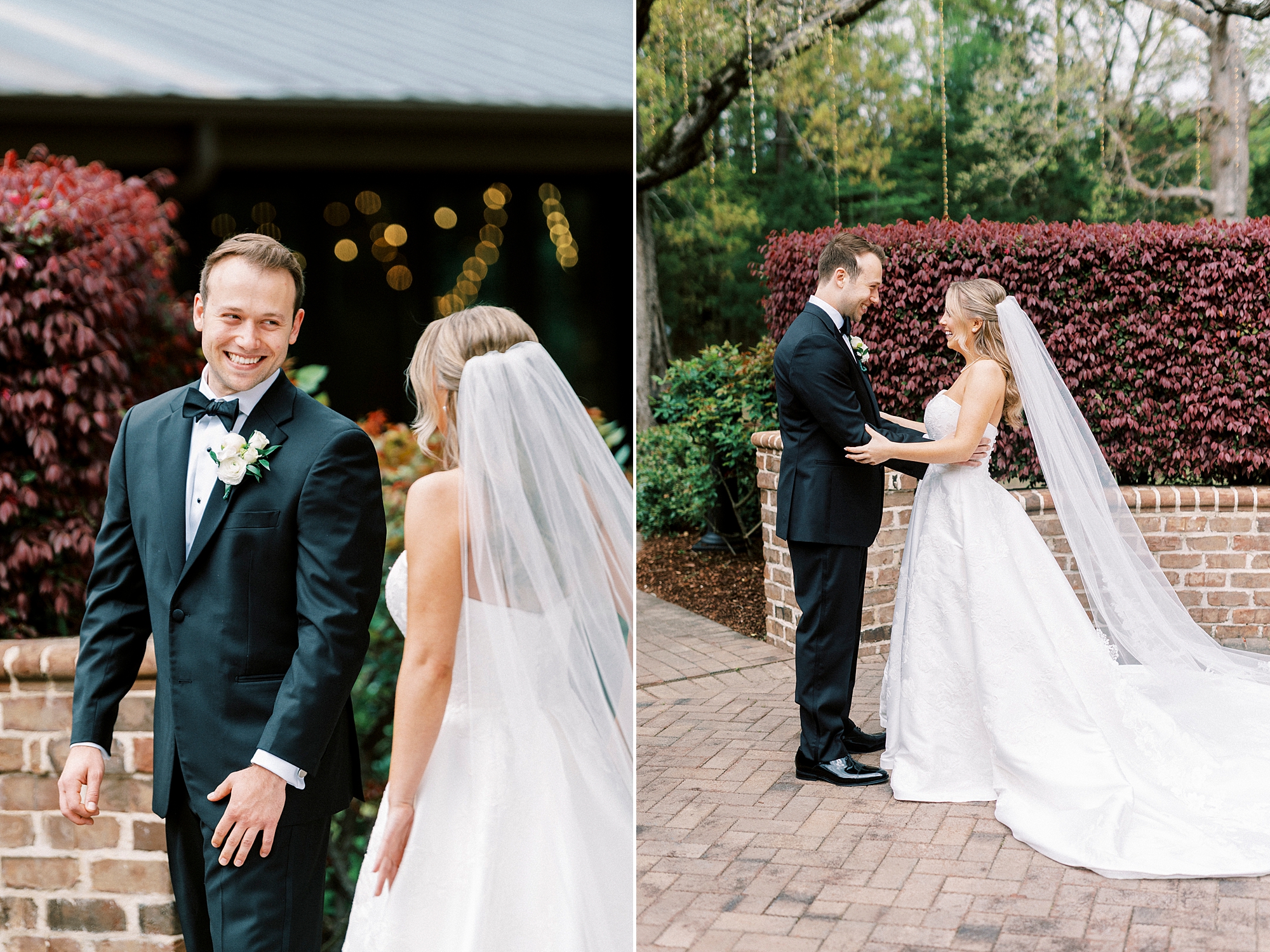 groom turns to look at bride during first look at the Sutherland