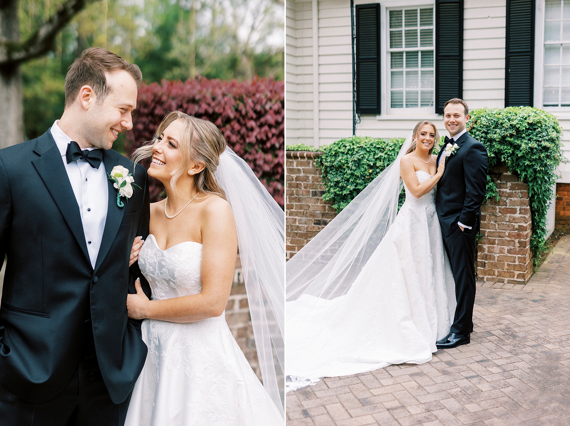bride and groom hug in front of white and black exterior of the Sutherland