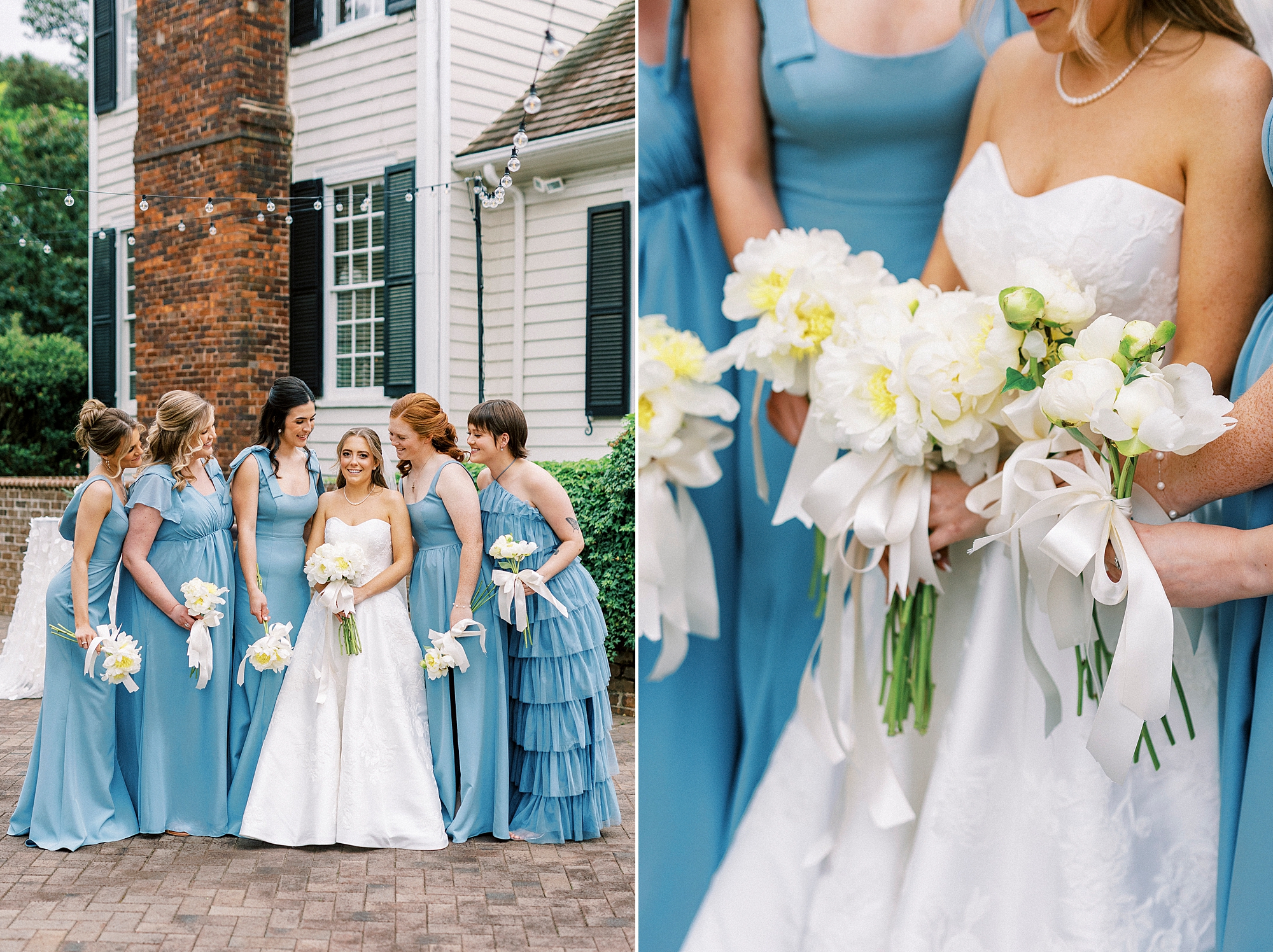 bride poses with bridesmaids in light blue gowns with white bouquets 