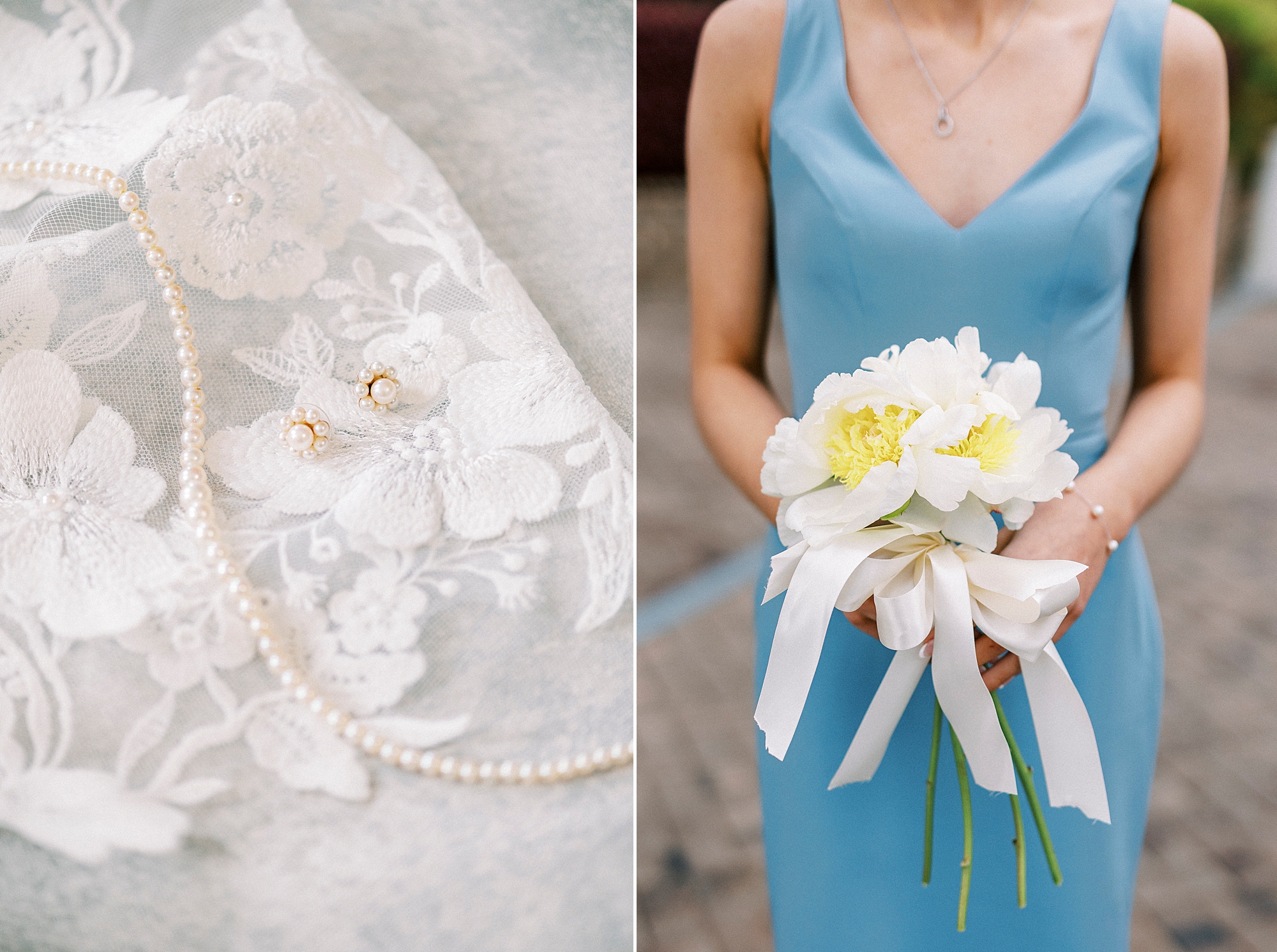bridesmaid in light blue gown holds white bouquet 