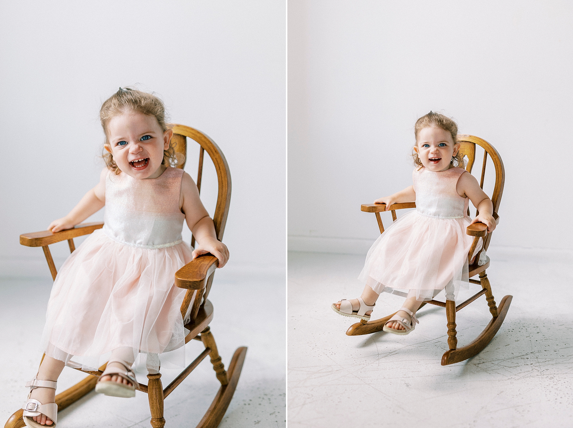 toddler plays in rocking chair during Birthday Photos at Charlotte NC Photography Studio