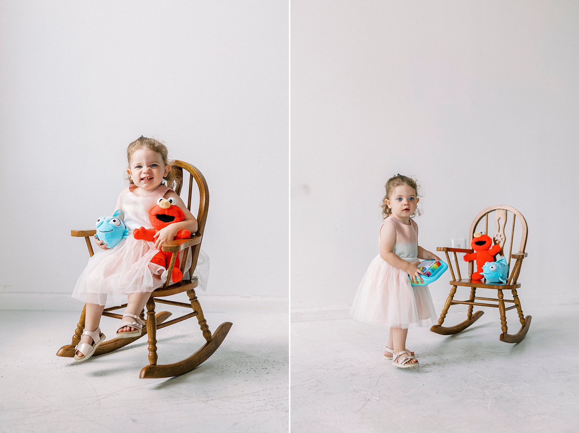 girl plays with stuffed animals during Birthday Photos at Charlotte NC Photography Studio
