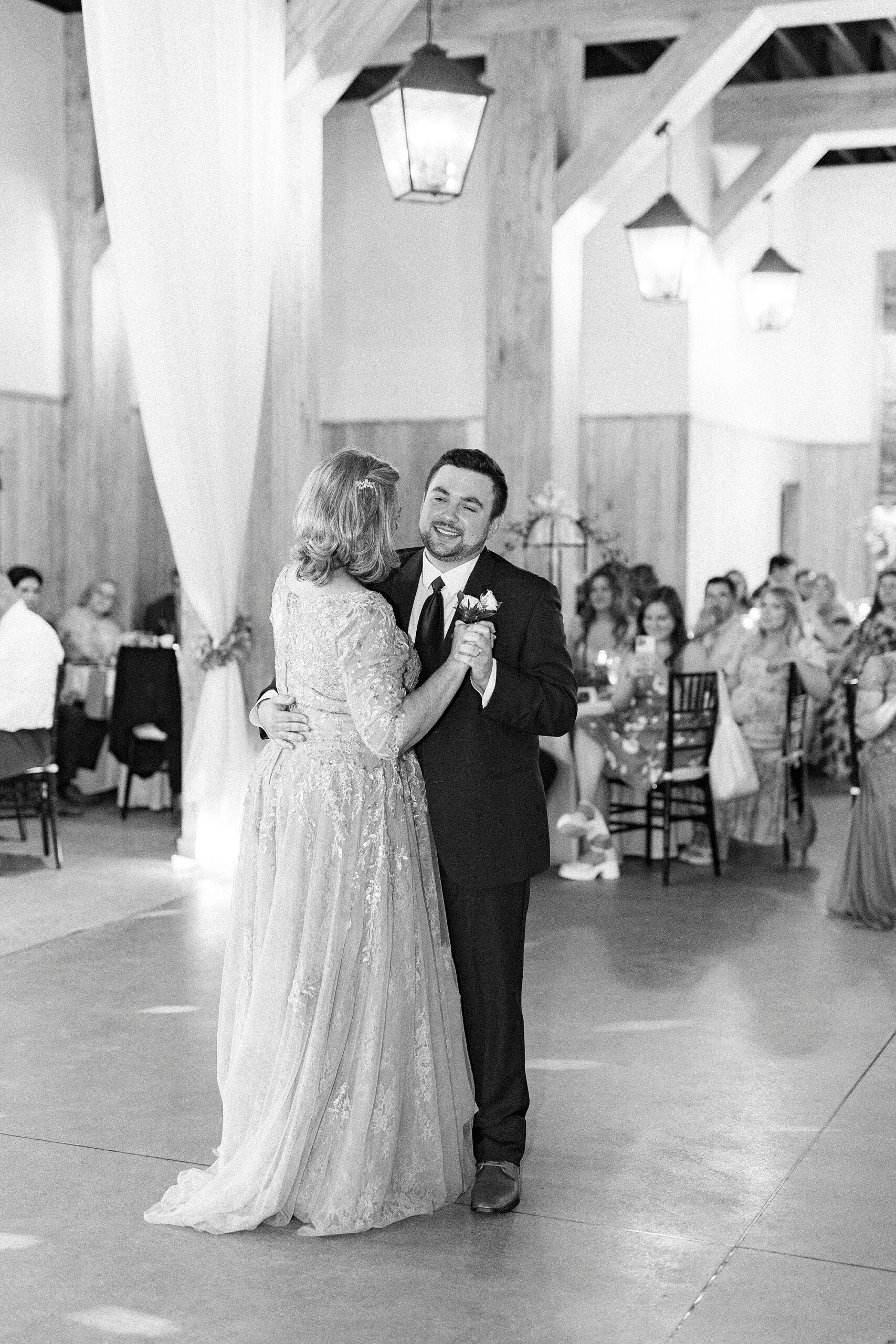 groom and mother dance during wedding reception at Low Meadows Estate