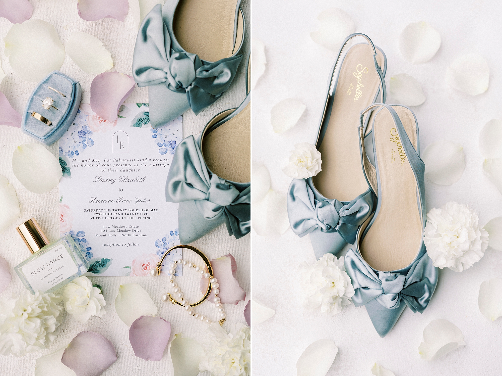 bride's blue shoes with pastel invitation suite and jewelry 