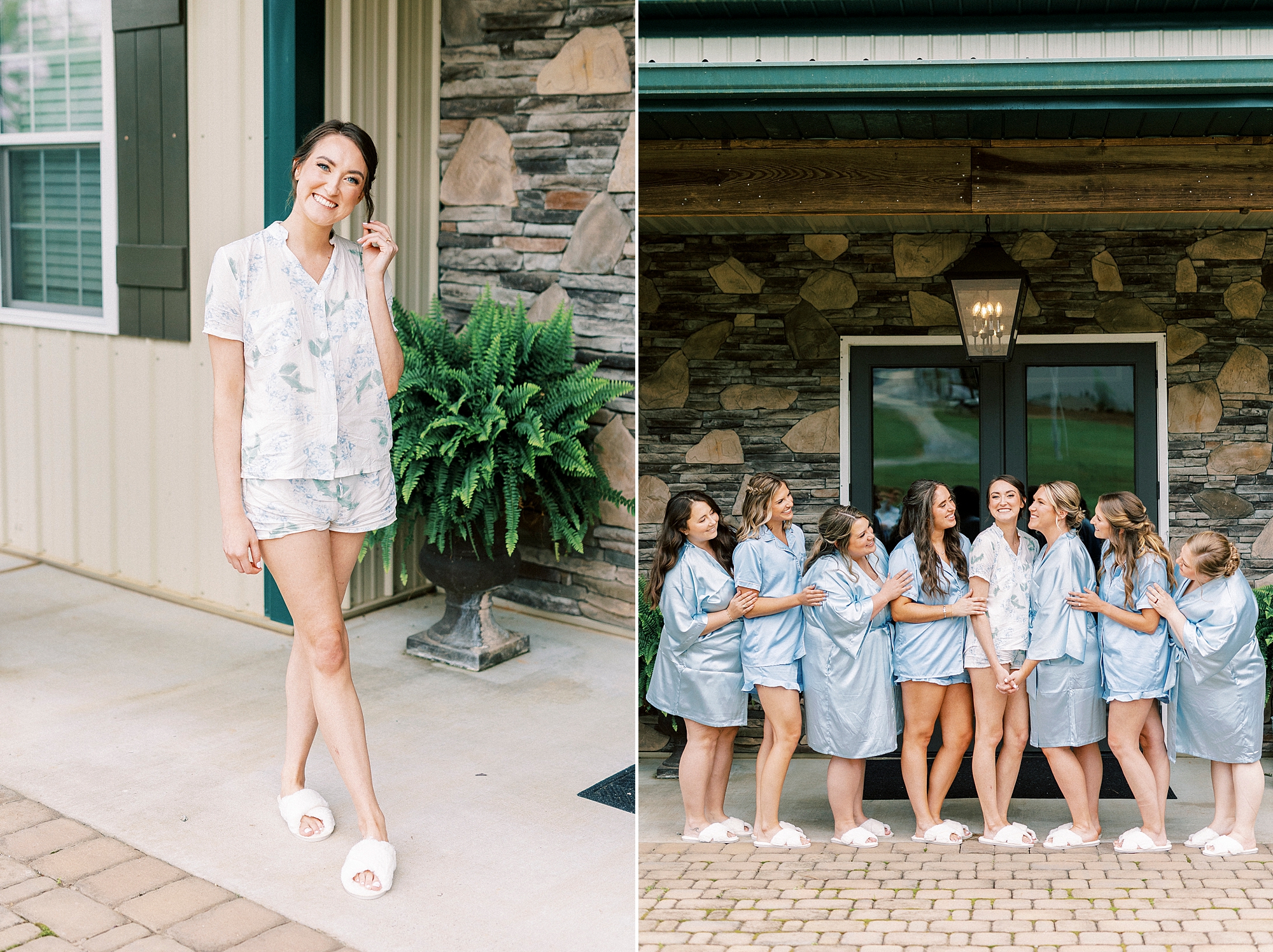 bride and bridesmaids pose in matching blue and white pajamas 