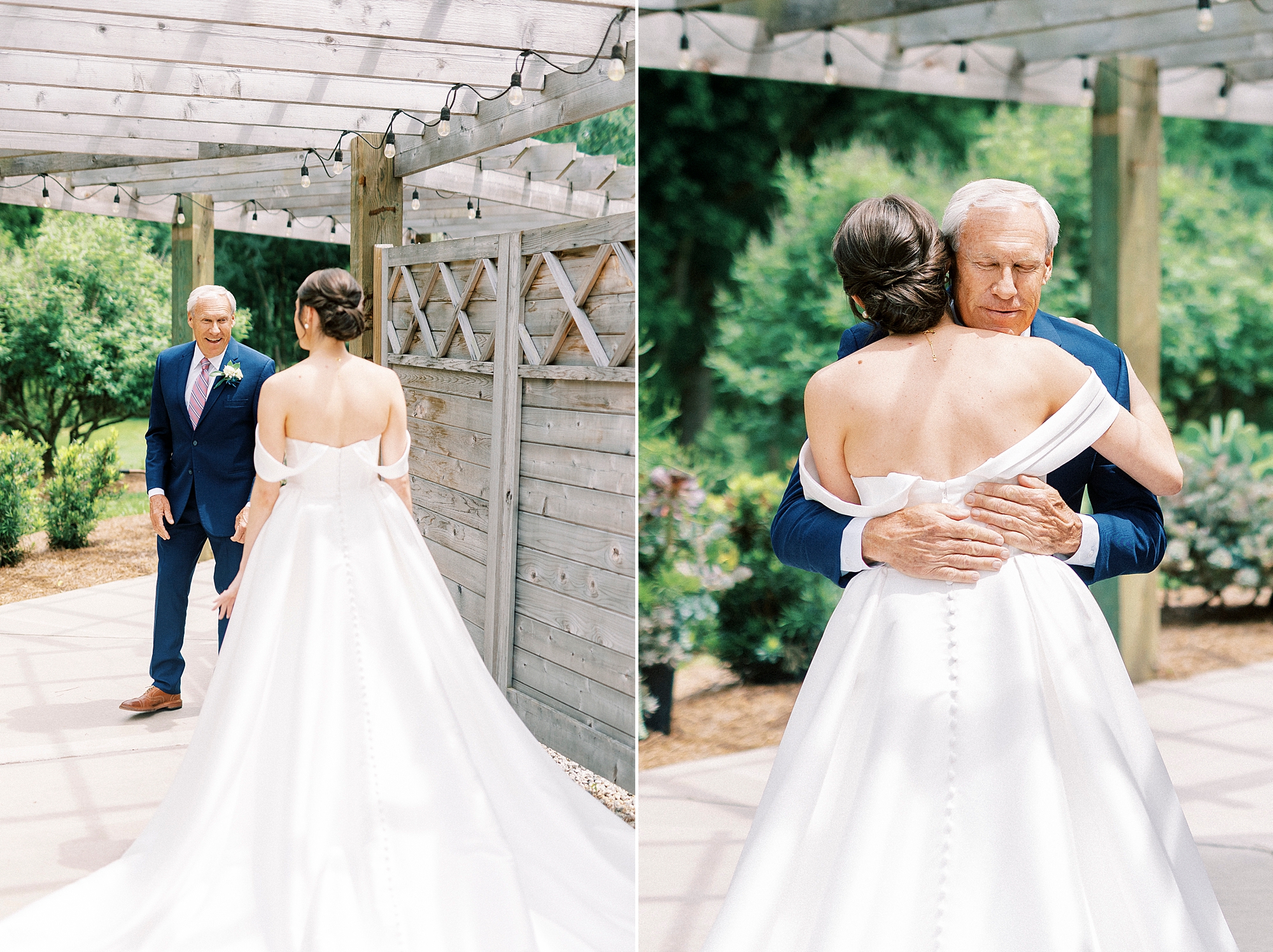 dad hugs bride during first look in garden 