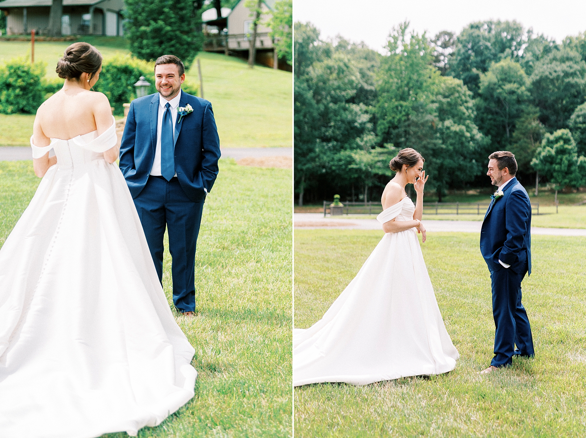 bride and groom react during first look on lawn at Low Meadows Estate
