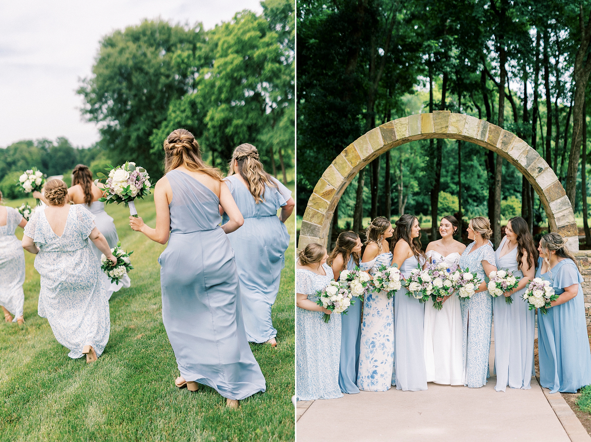 bride poses with bridesmaids in pastel mismatched light blue dresses 