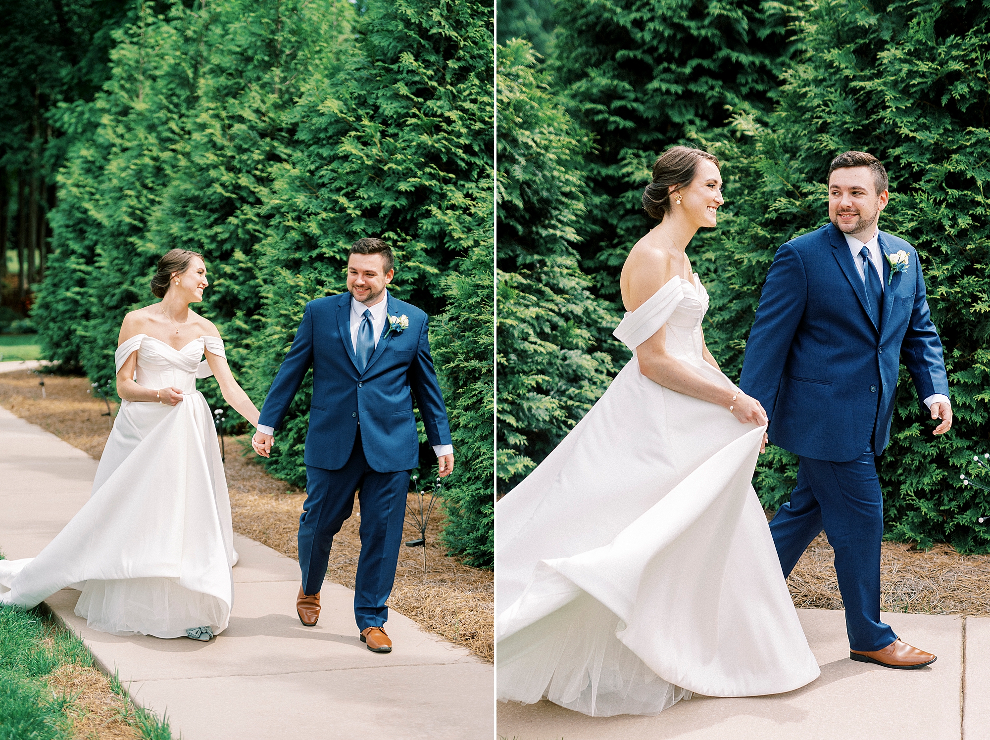 bride and groom walk while bride twirls dress