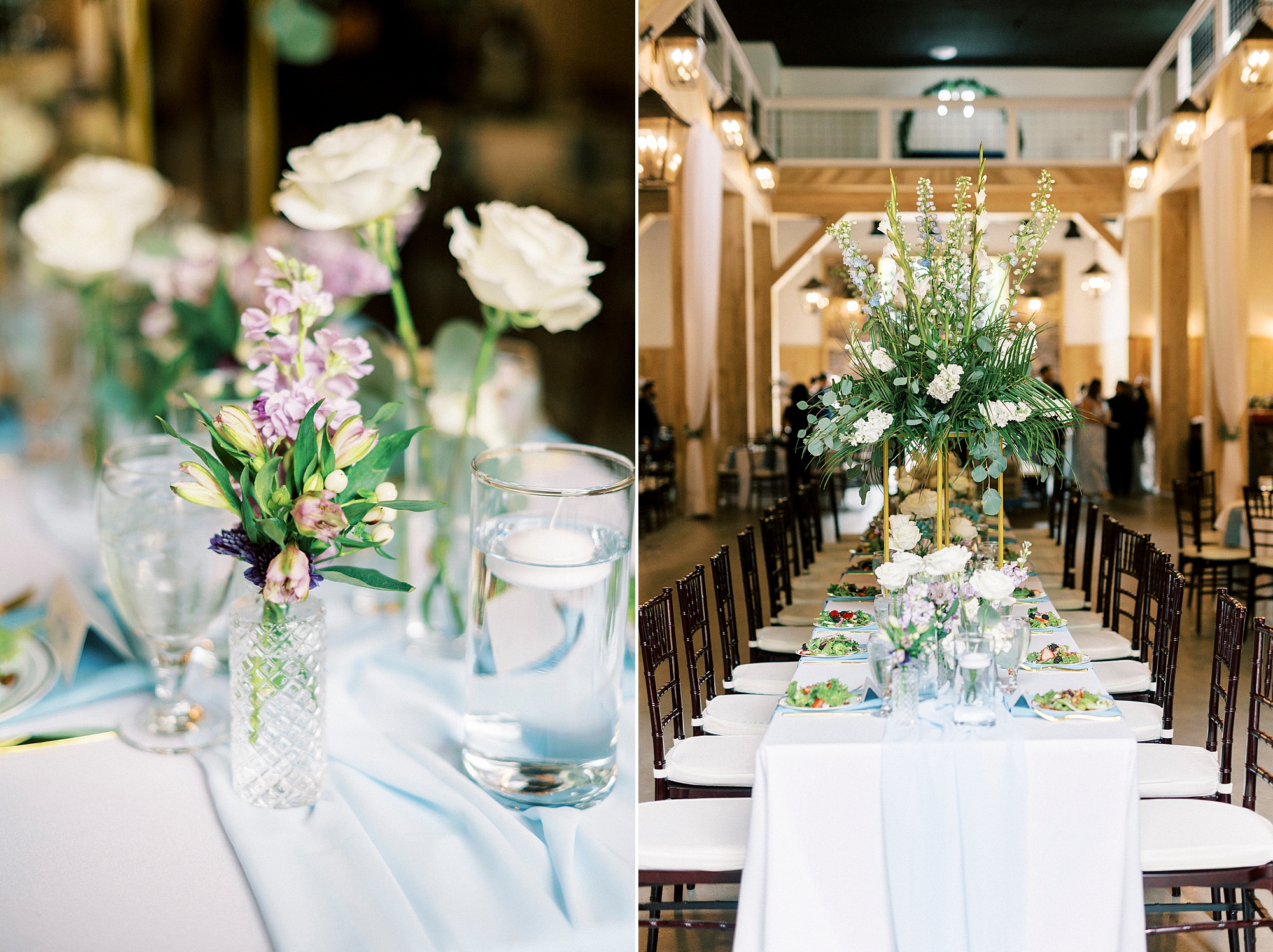 wedding reception with white and purple flower centerpieces 