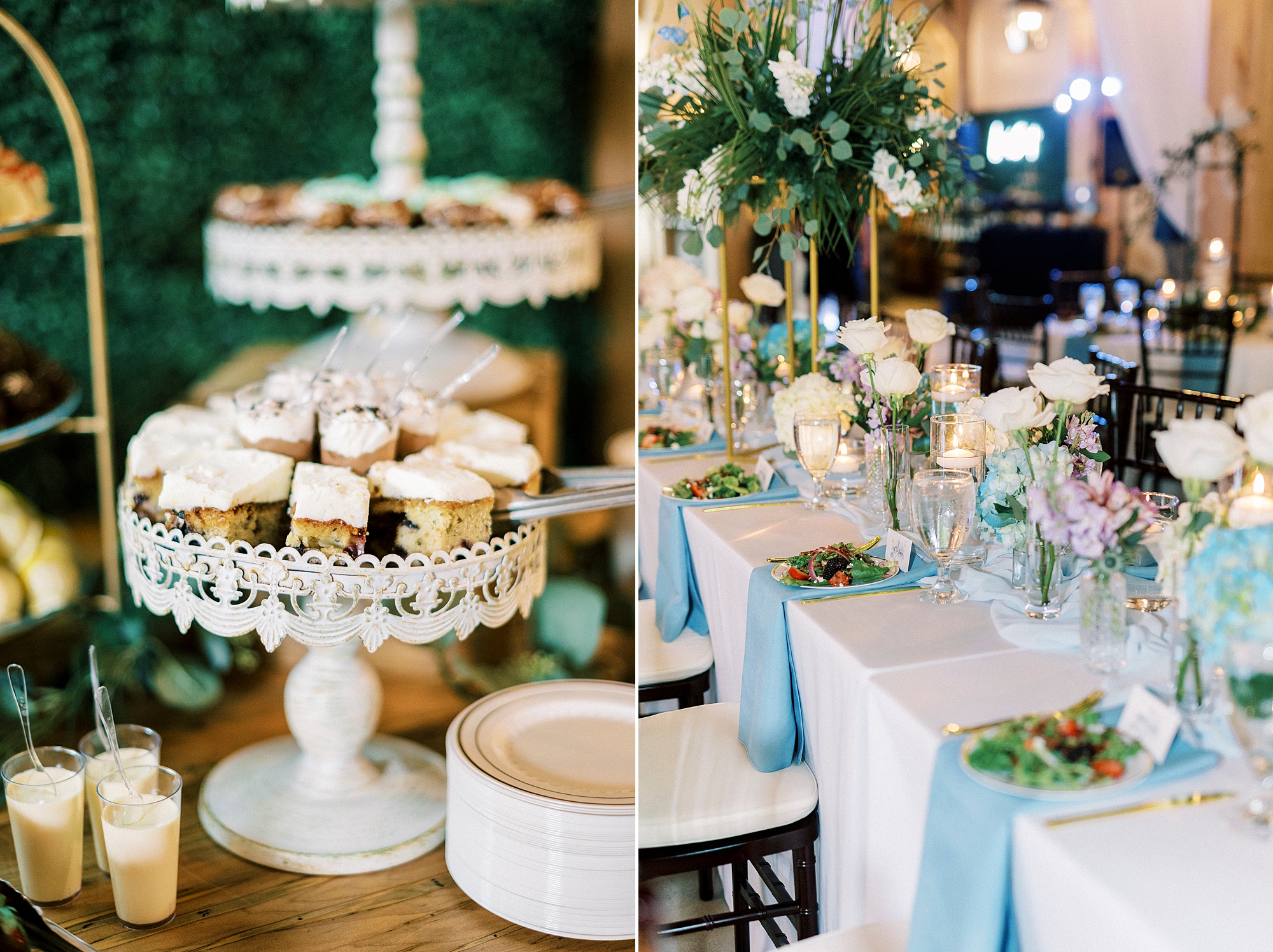 dessert display and table with blue napkins for reception at Low Meadows Estate