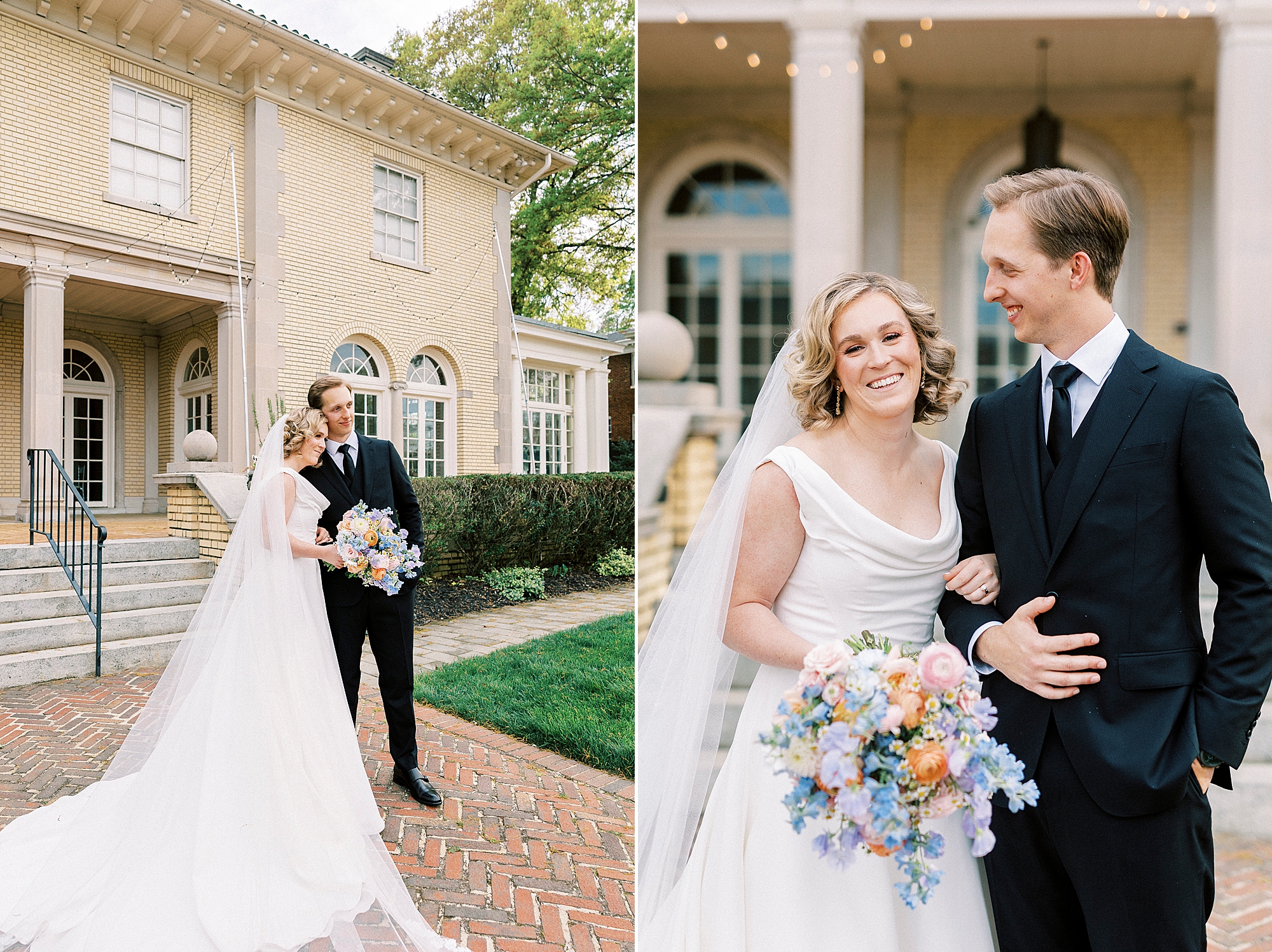 bride and groom stand hugging outside Separk Mansion