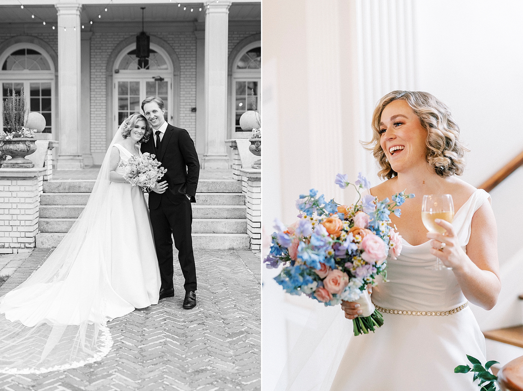 bride laughs holding glass of champagne during reception