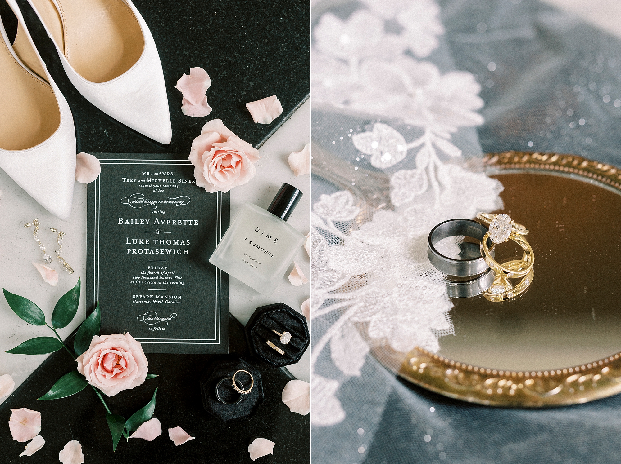 bride's shoes, black and white invitation suite and rings on gold tray