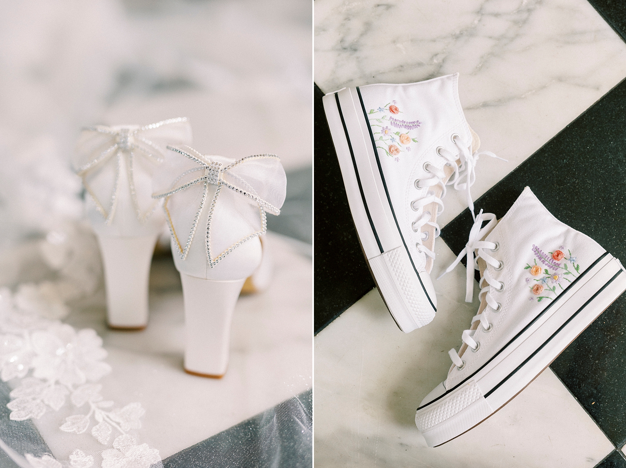 bride's white shoes and custom converse 