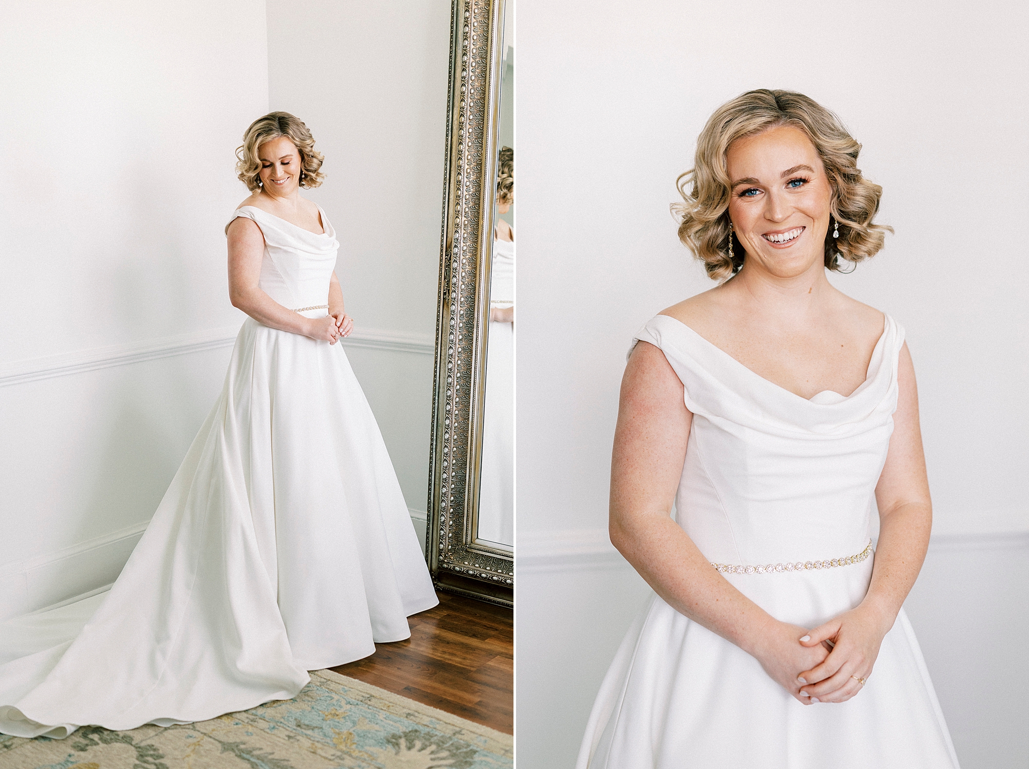 bride stands in classic wedding gown in suite at Separk Mansion