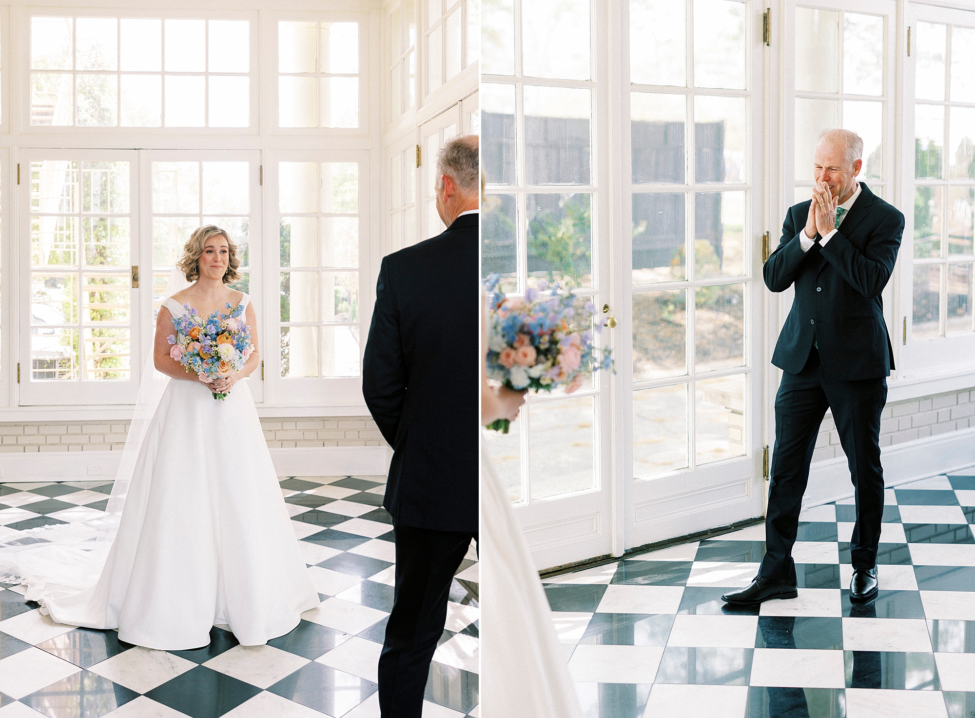 father reacts to seeing bride during first look in sunroom at Separk Mansion