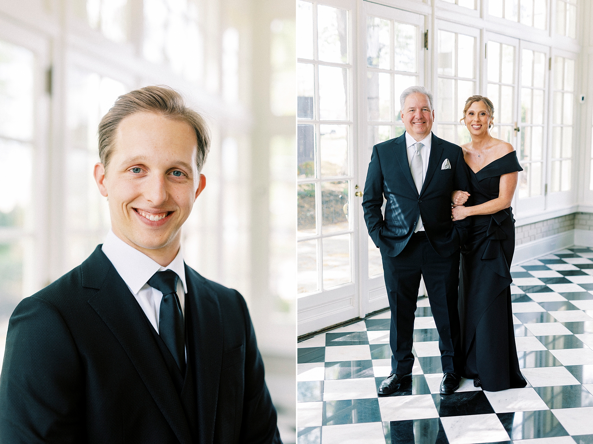 groom stands in black suit smiling next to photo of him with parents 