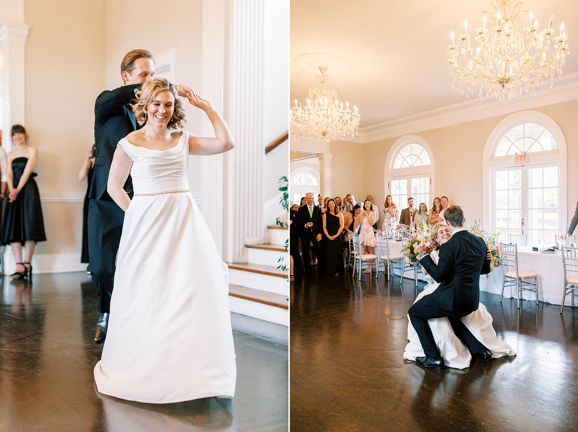 groom twirls and dips bride on dance floor