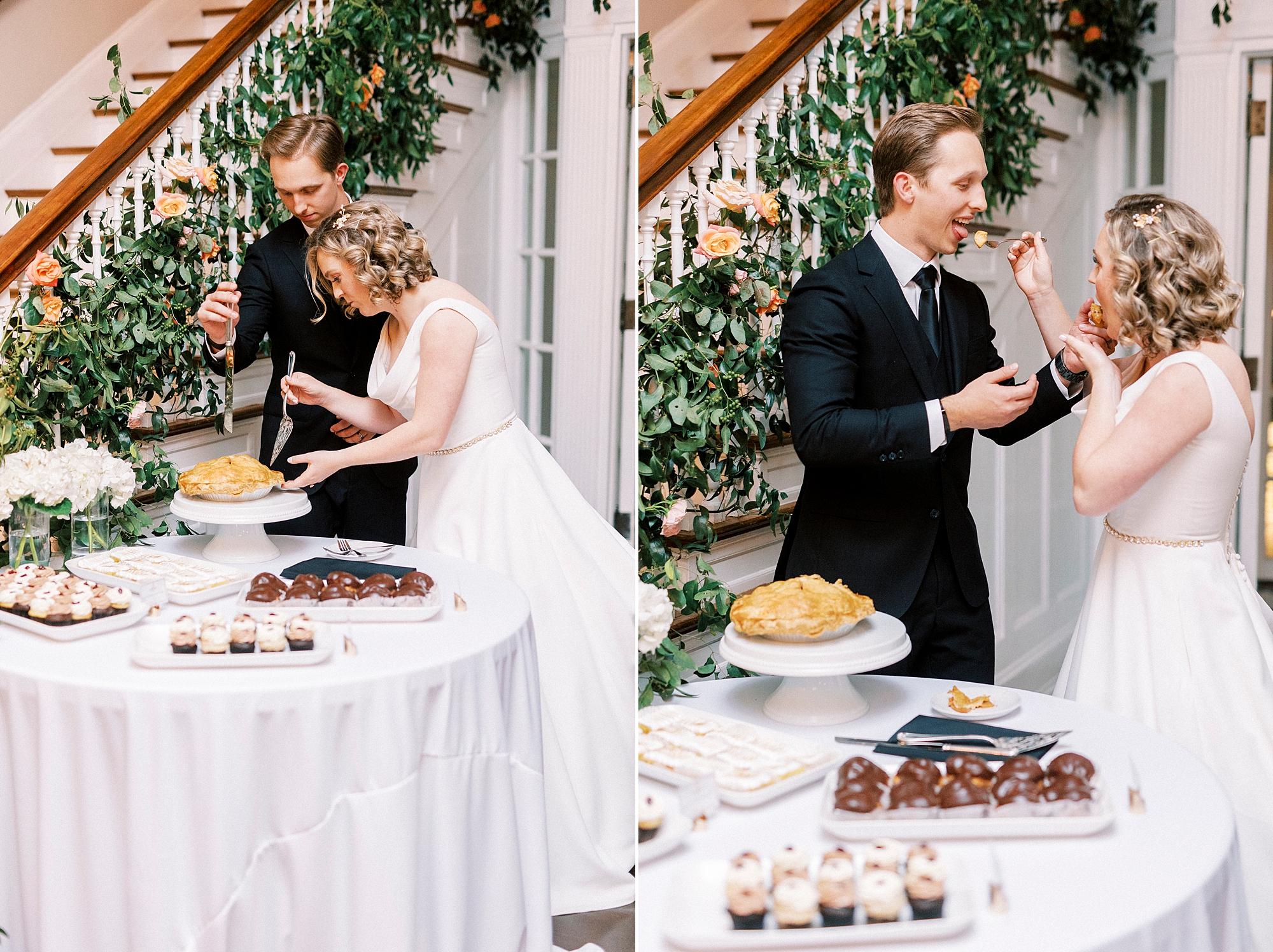bride and groom cut pie during reception at Separk Mansion