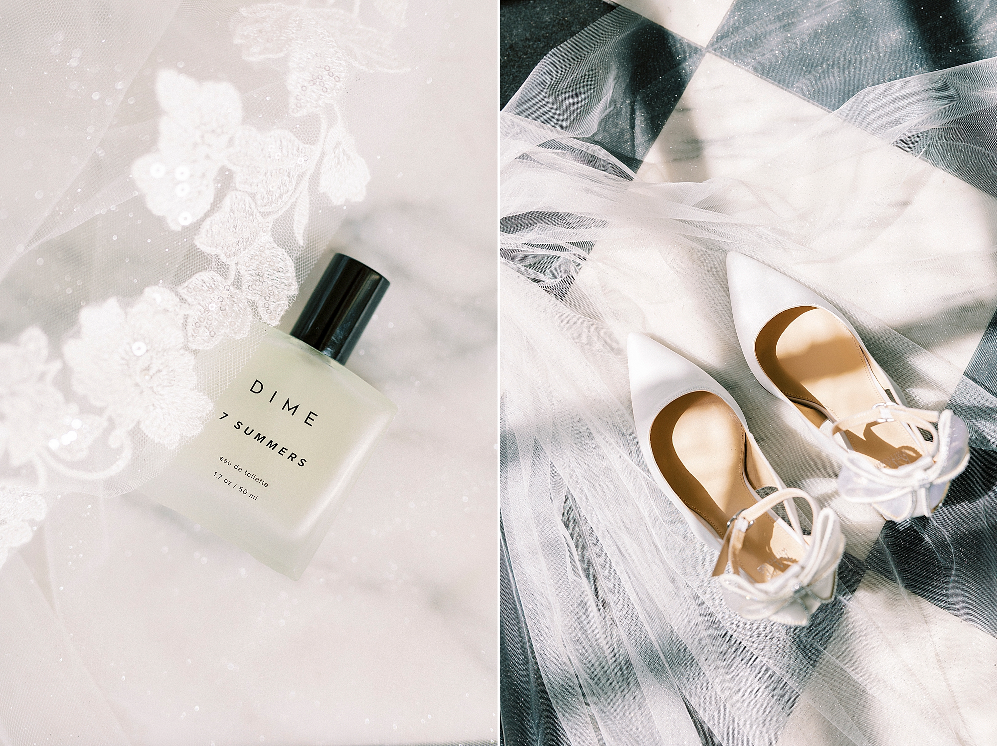 bride's white shoes and veil next to perfume bottle