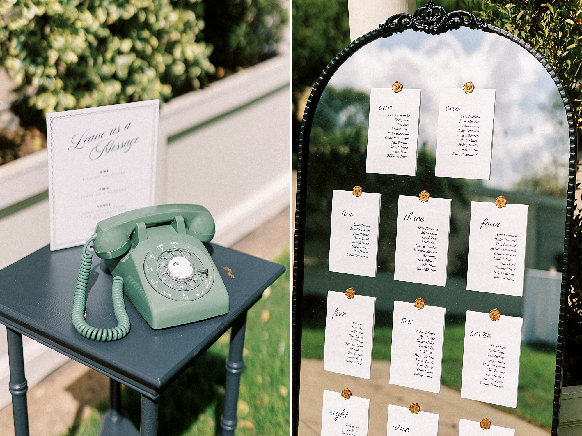 audiobook telephone on table and seating chart on mirror