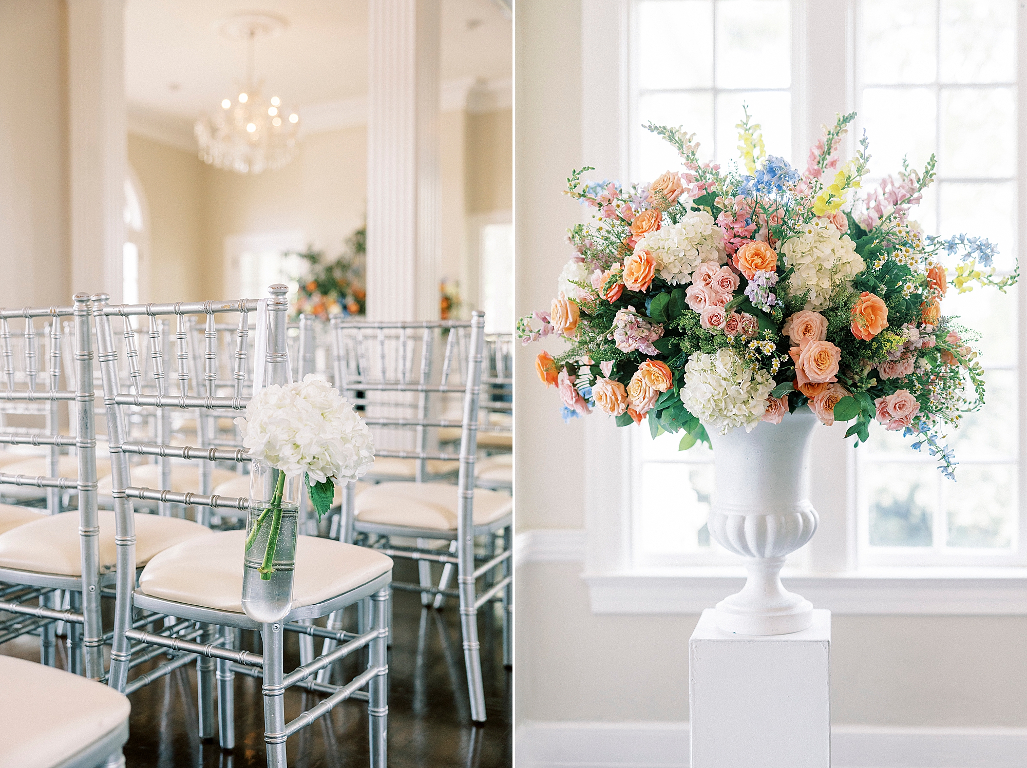 wedding ceremony site inside Separk Mansion with white chairs and pastel flowers 